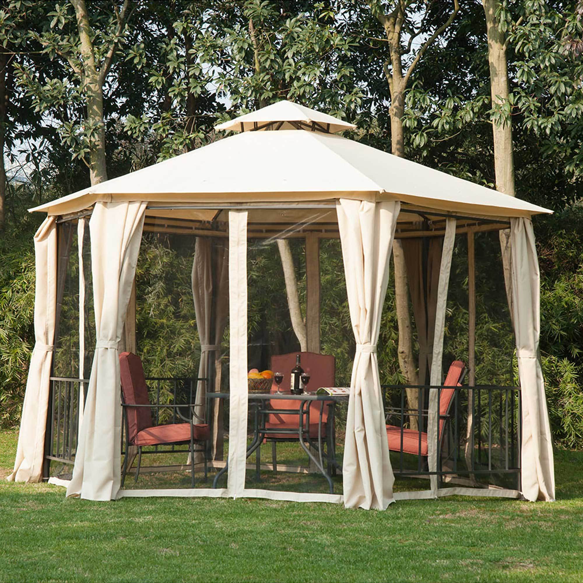 13' x 13' Patio Gazebo, Double Roof Hexagon Outdoor Gazebo Canopy Shelterwith Netting & Curtains, Solid Steel Frame, Beige - Tuesday Morning - Gazebos