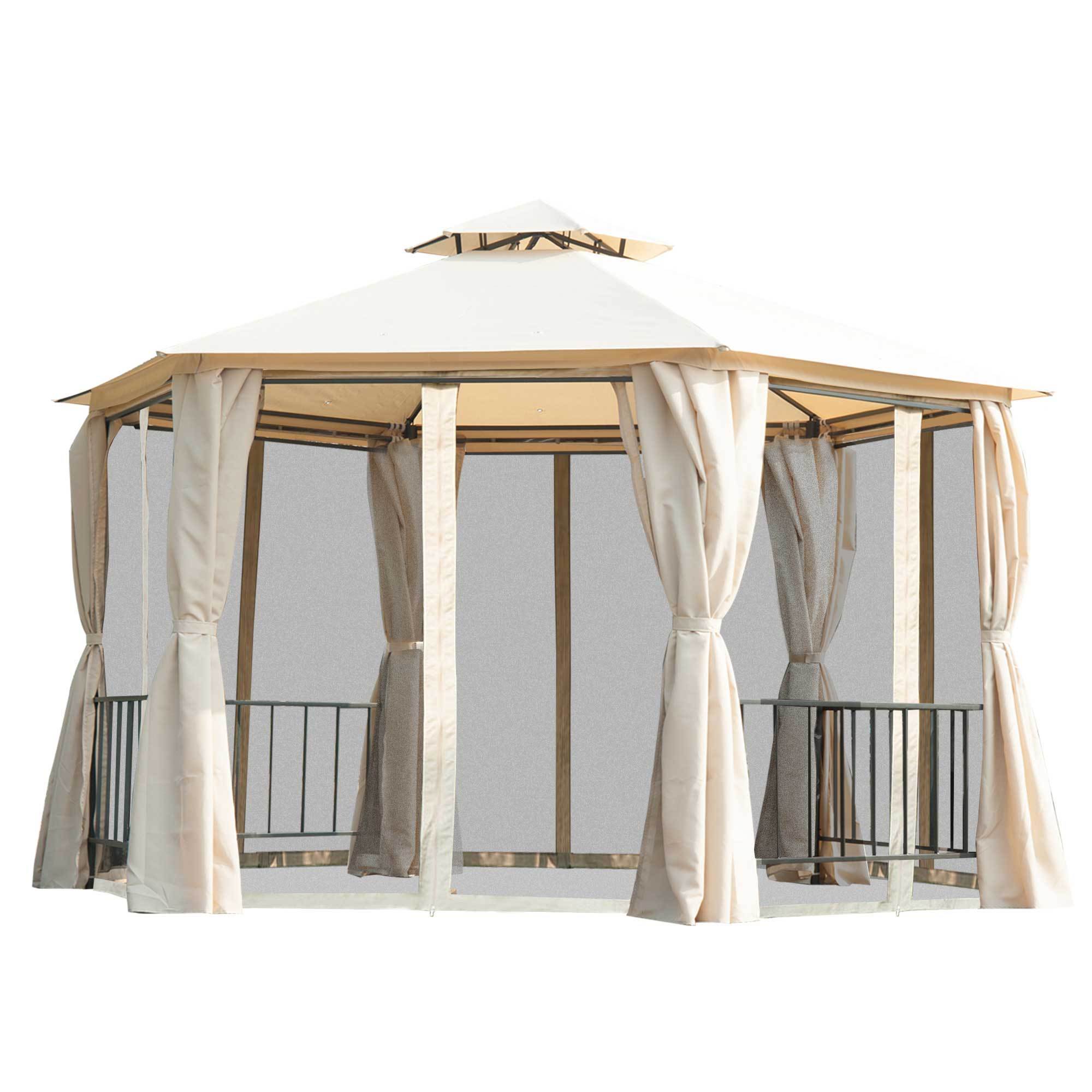 13' x 13' Patio Gazebo, Double Roof Hexagon Outdoor Gazebo Canopy Shelterwith Netting & Curtains, Solid Steel Frame, Beige - Tuesday Morning - Gazebos