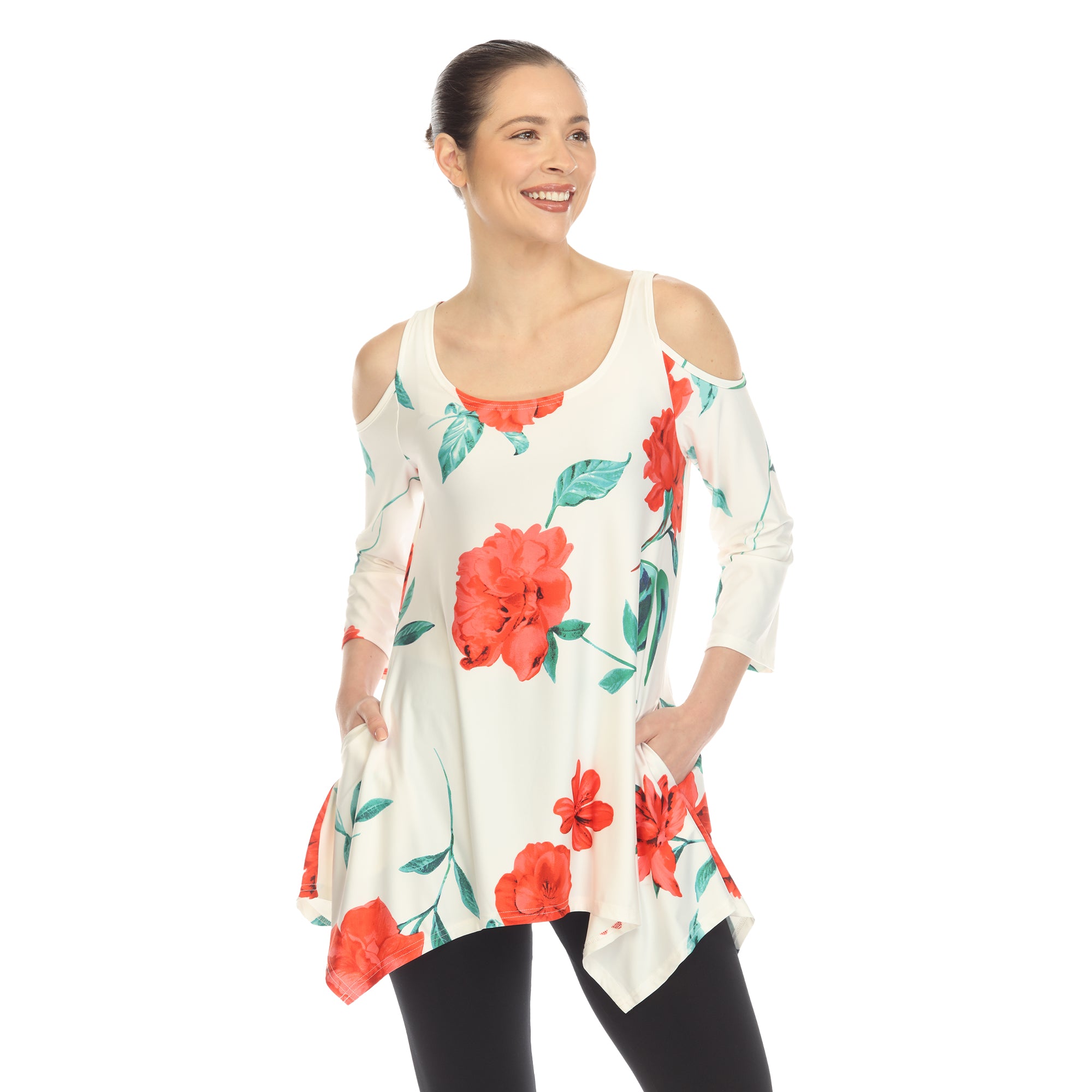 White Mark Women's Floral Printed Cold Shoulder Tunic (5 Colors Available)