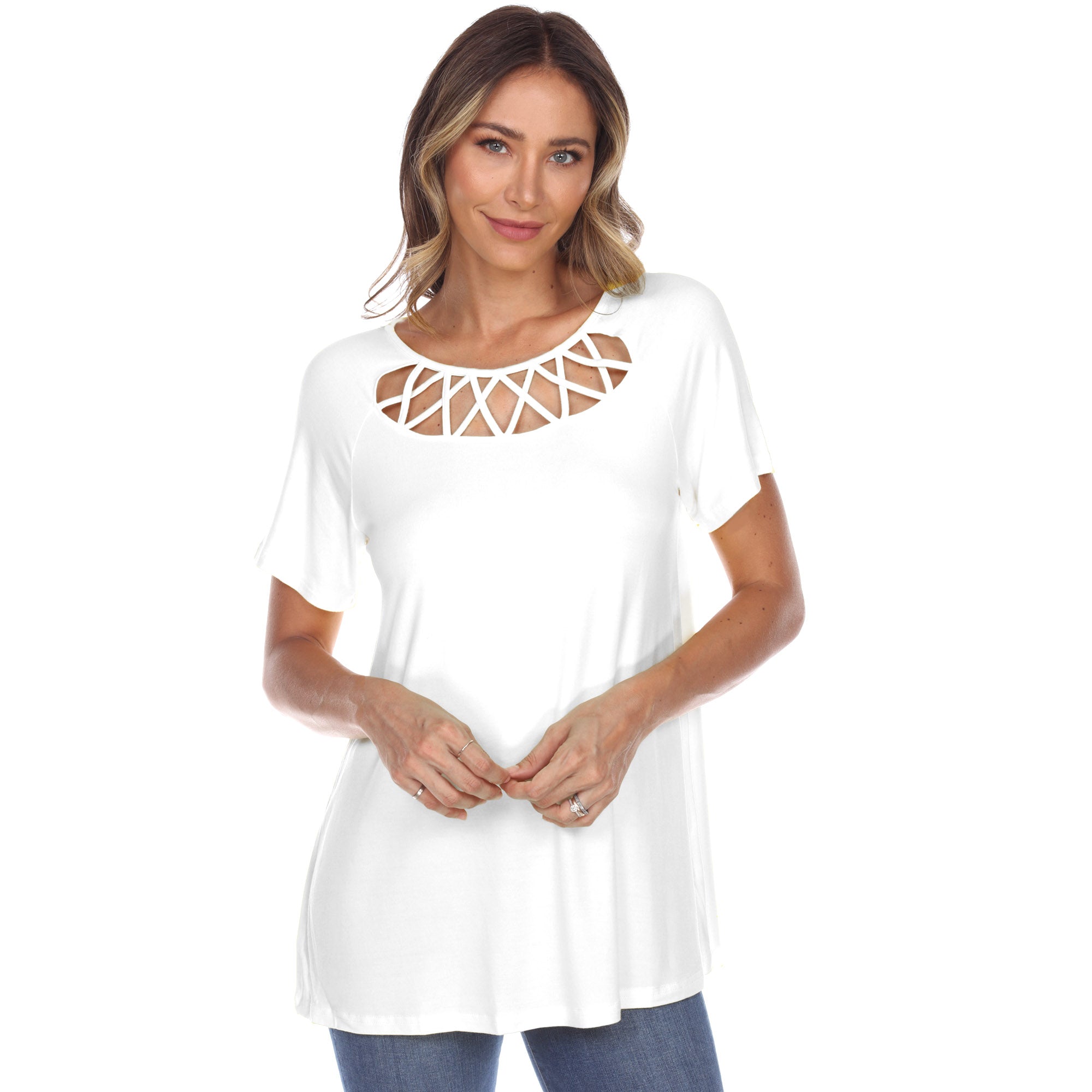 White Mark Women's Crisscross Cutout Short Sleeve Top (6 Colors Available)