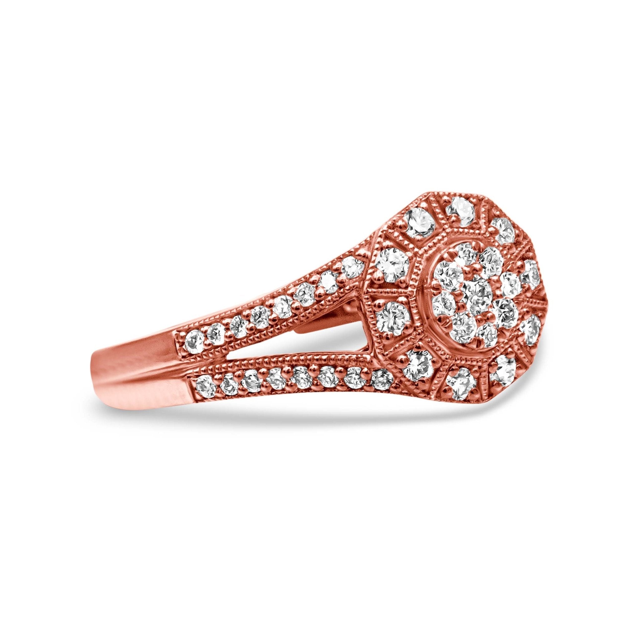 14K Rose Gold Plated .925 Sterling Silver 1/2 Cttw Pave Diamond Halo Cluster Split Shank Cocktail Ring (I - J Color, I1 - I2 Clarity) - Tuesday Morning - Rings