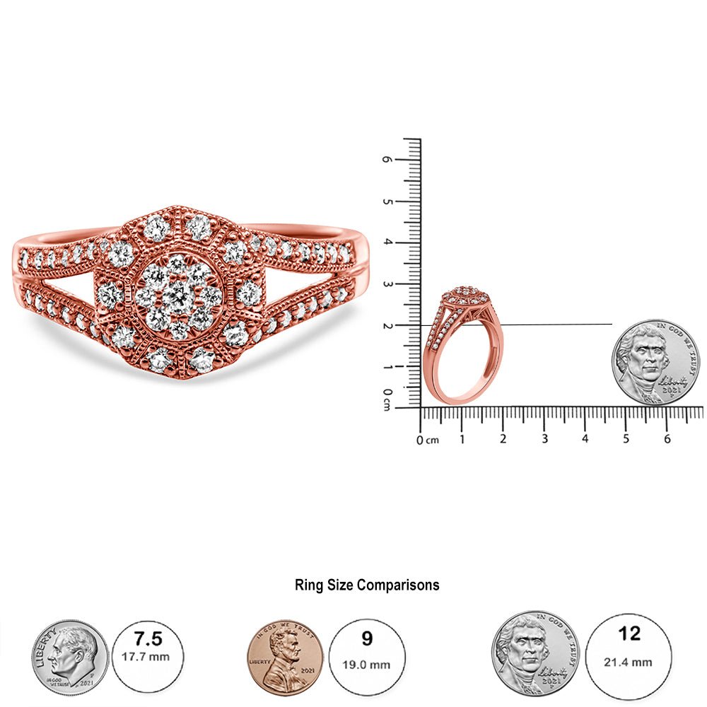 14K Rose Gold Plated .925 Sterling Silver 1/2 Cttw Pave Diamond Halo Cluster Split Shank Cocktail Ring (I - J Color, I1 - I2 Clarity) - Tuesday Morning - Rings