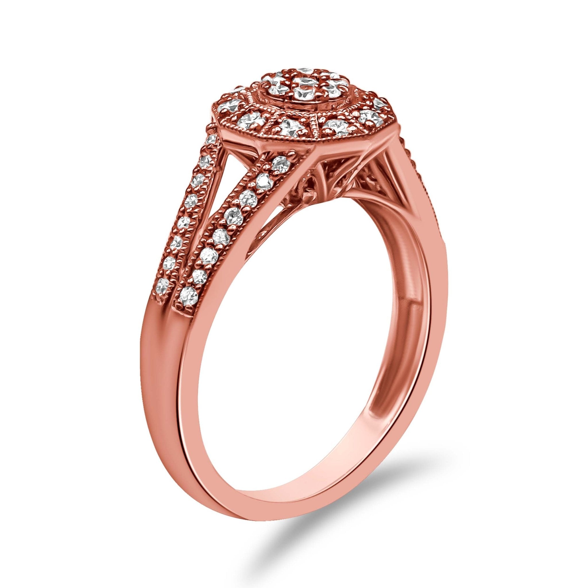 14K Rose Gold Plated .925 Sterling Silver 1/2 Cttw Pave Diamond Halo Cluster Split Shank Cocktail Ring (I - J Color, I1 - I2 Clarity) - Tuesday Morning - Rings