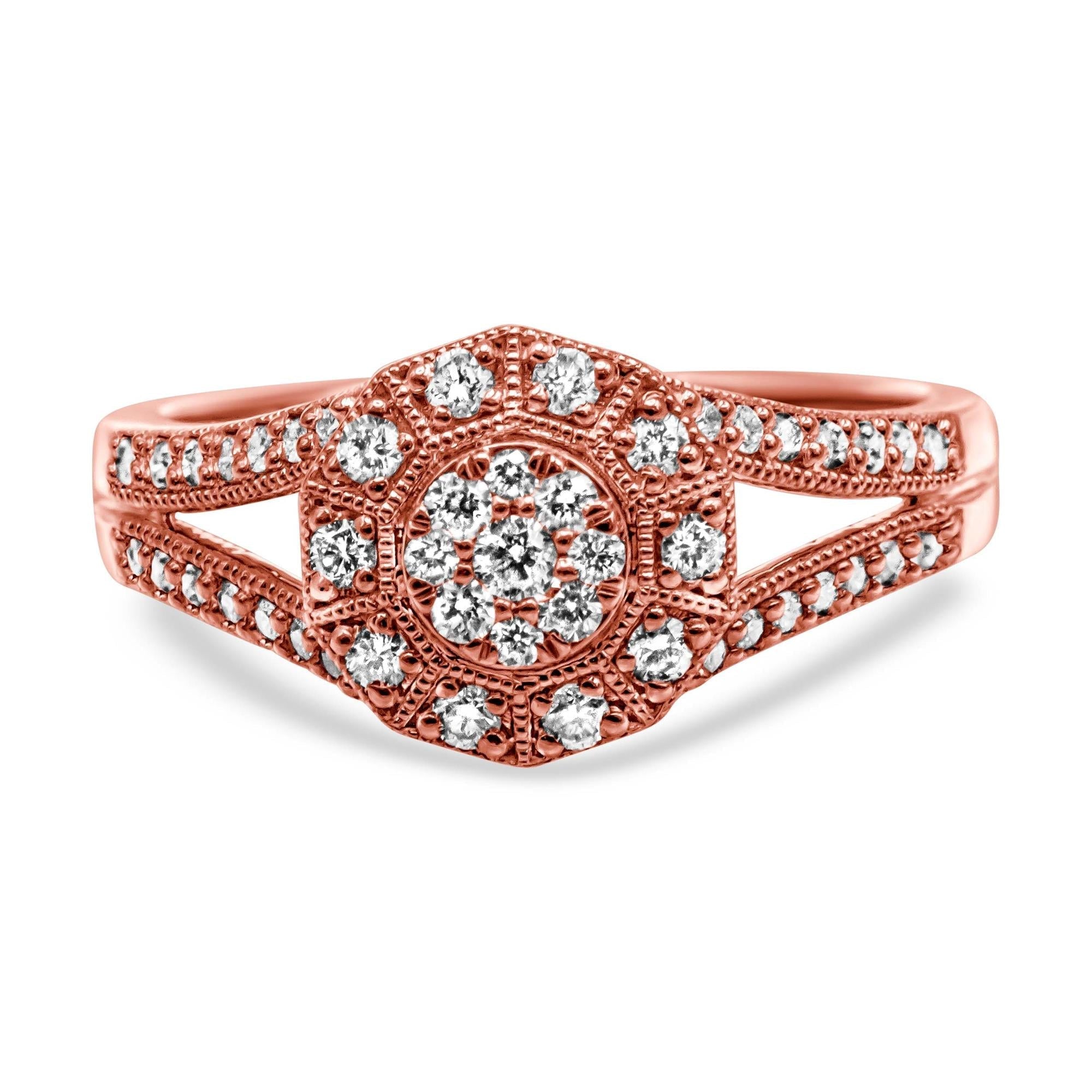 14K Rose Gold Plated .925 Sterling Silver 1/2 Cttw Pave Diamond Halo Cluster Split Shank Cocktail Ring (I - J Color, I1 - I2 Clarity) - Tuesday Morning - Rings