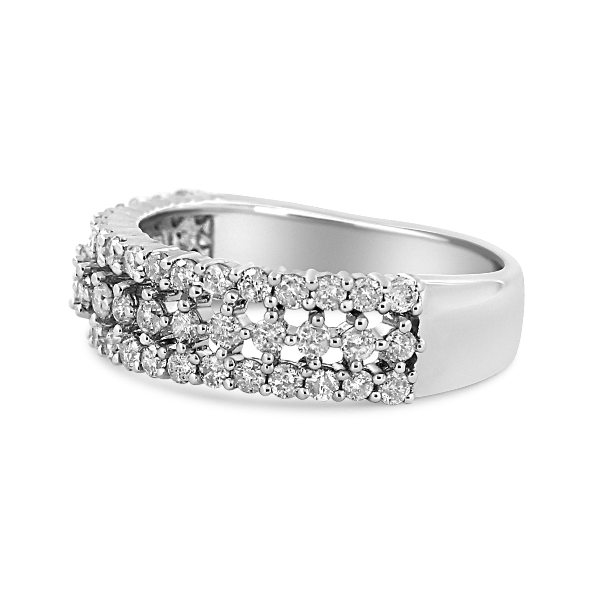 14K White Gold 1.0 Cttw Prong Set Round Diamond Split Shank Three Row Band Ring (H - I Color, I2 - I3 Clarity) - Tuesday Morning - Rings