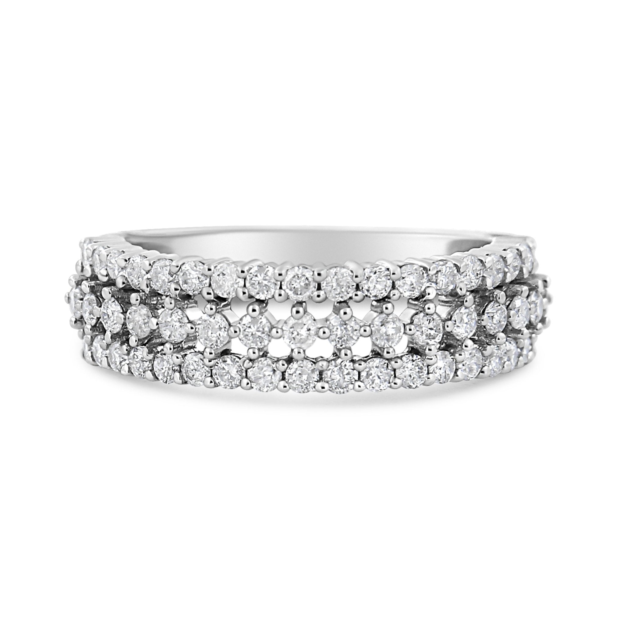 14K White Gold 1.0 Cttw Prong Set Round Diamond Split Shank Three Row Band Ring (H - I Color, I2 - I3 Clarity) - Tuesday Morning - Rings