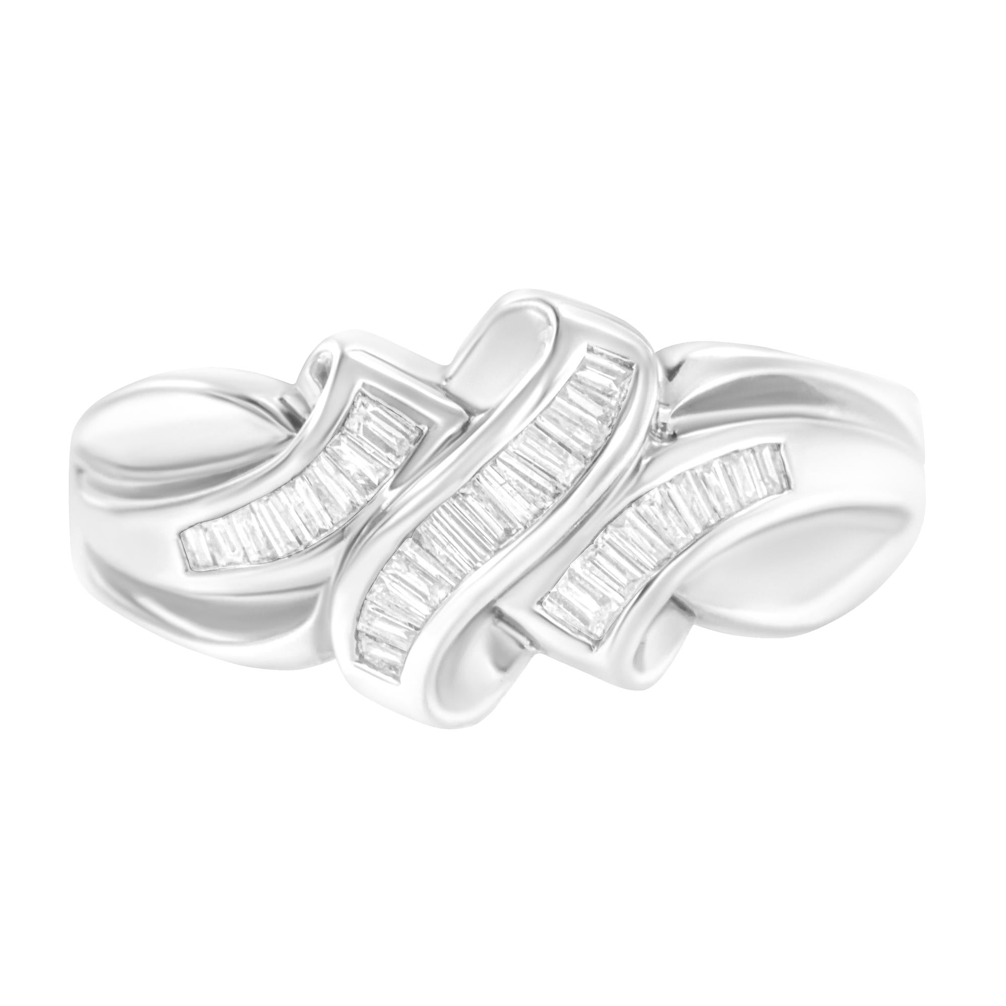 14K White Gold 1/3 Cttw Channel Set Baguette Diamond Bypass Ring Band (H - I Color, SI1 - SI2 Clarity) - Tuesday Morning - Rings