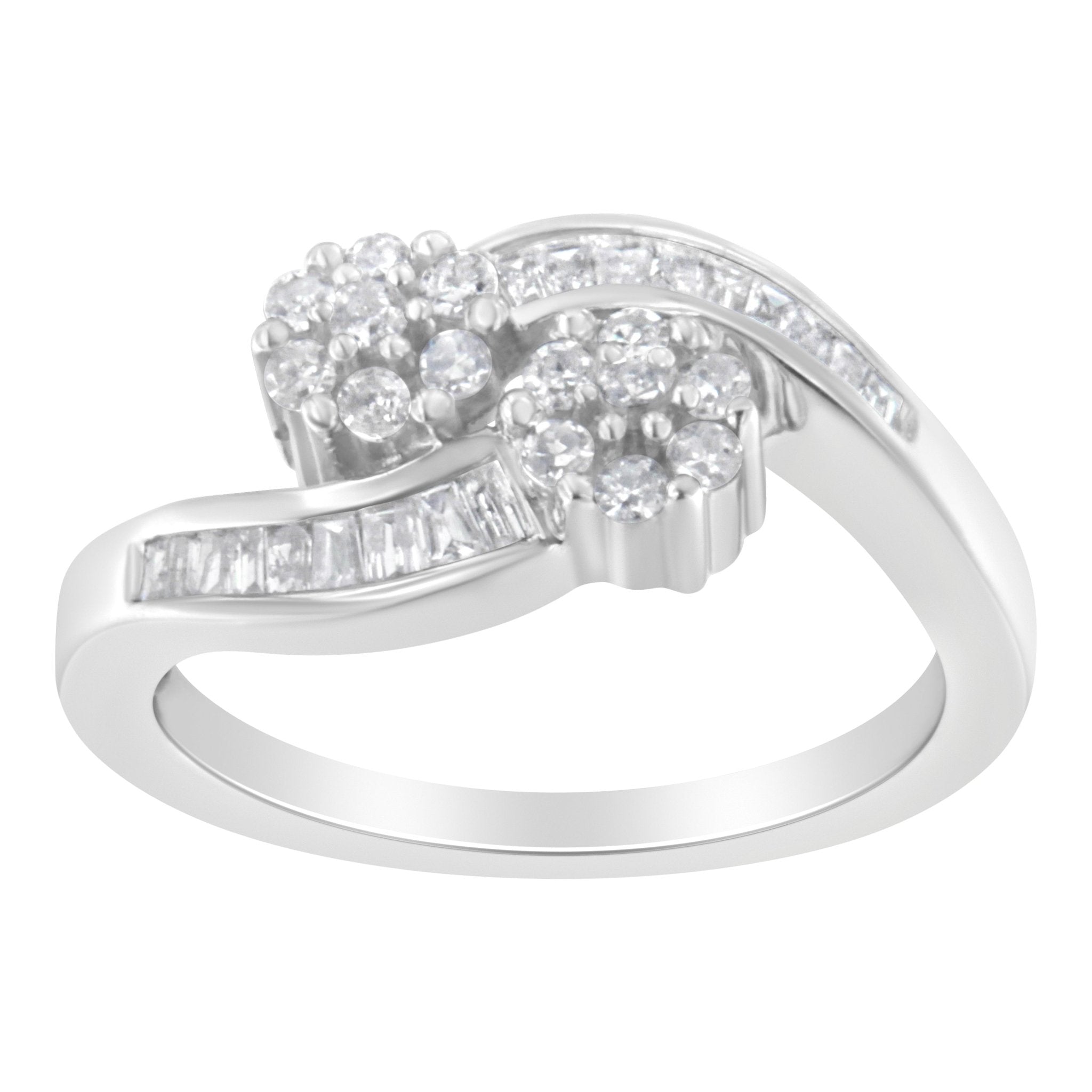 14K White Gold Round and Baguette Diamond Bypass Ring (1/2 cttw, H - I Color, I1 - I2 Clarity) - Tuesday Morning - Rings