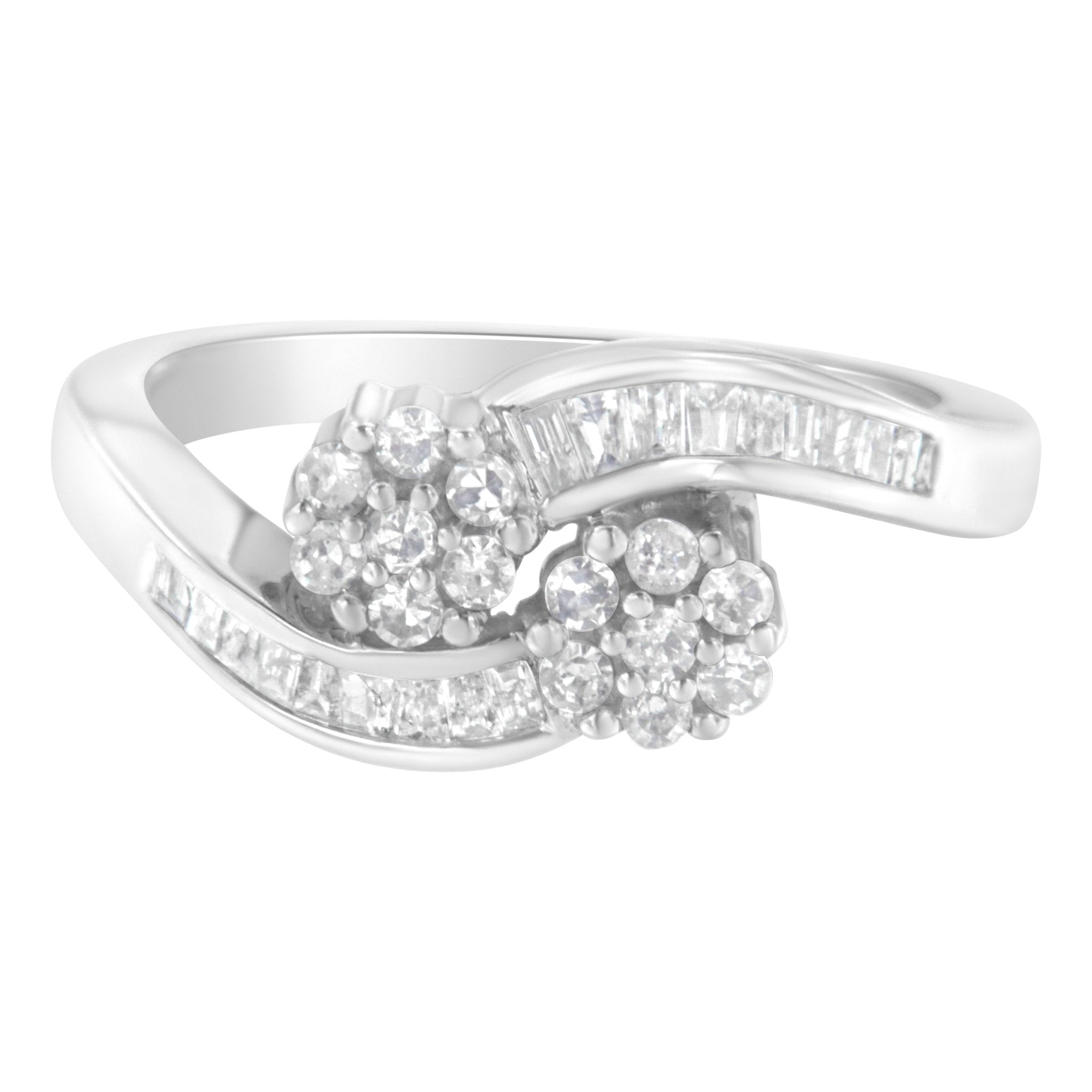 14K White Gold Round and Baguette Diamond Bypass Ring (1/2 cttw, H - I Color, I1 - I2 Clarity) - Tuesday Morning - Rings