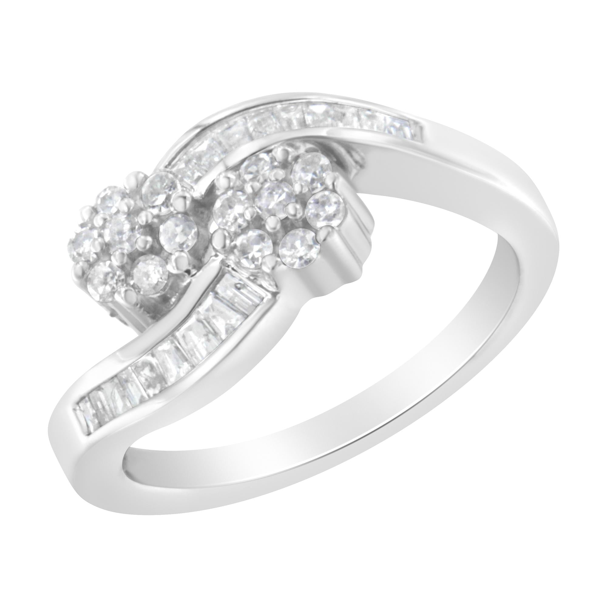 14K White Gold Round and Baguette Diamond Bypass Ring (1/2 cttw, H - I Color, I1 - I2 Clarity) - Tuesday Morning - Rings