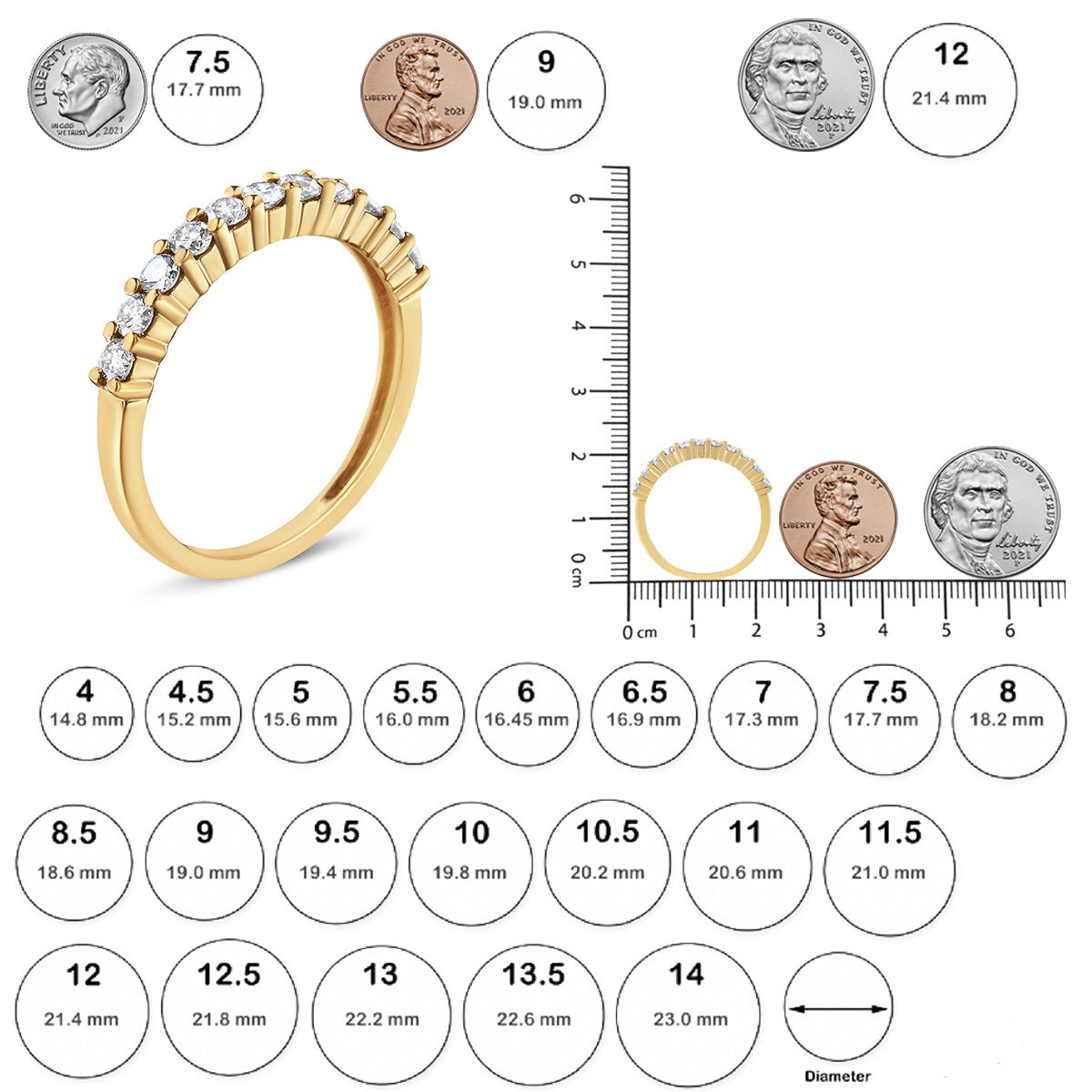 14K Yellow Gold Plated .925 Sterling Silver 1/2 cttw Shared Prong Set Brilliant Round - Cut Diamond 11 Stone Band Ring (I - J Color, I1 - I2 Clarity) - Tuesday Morning - Rings