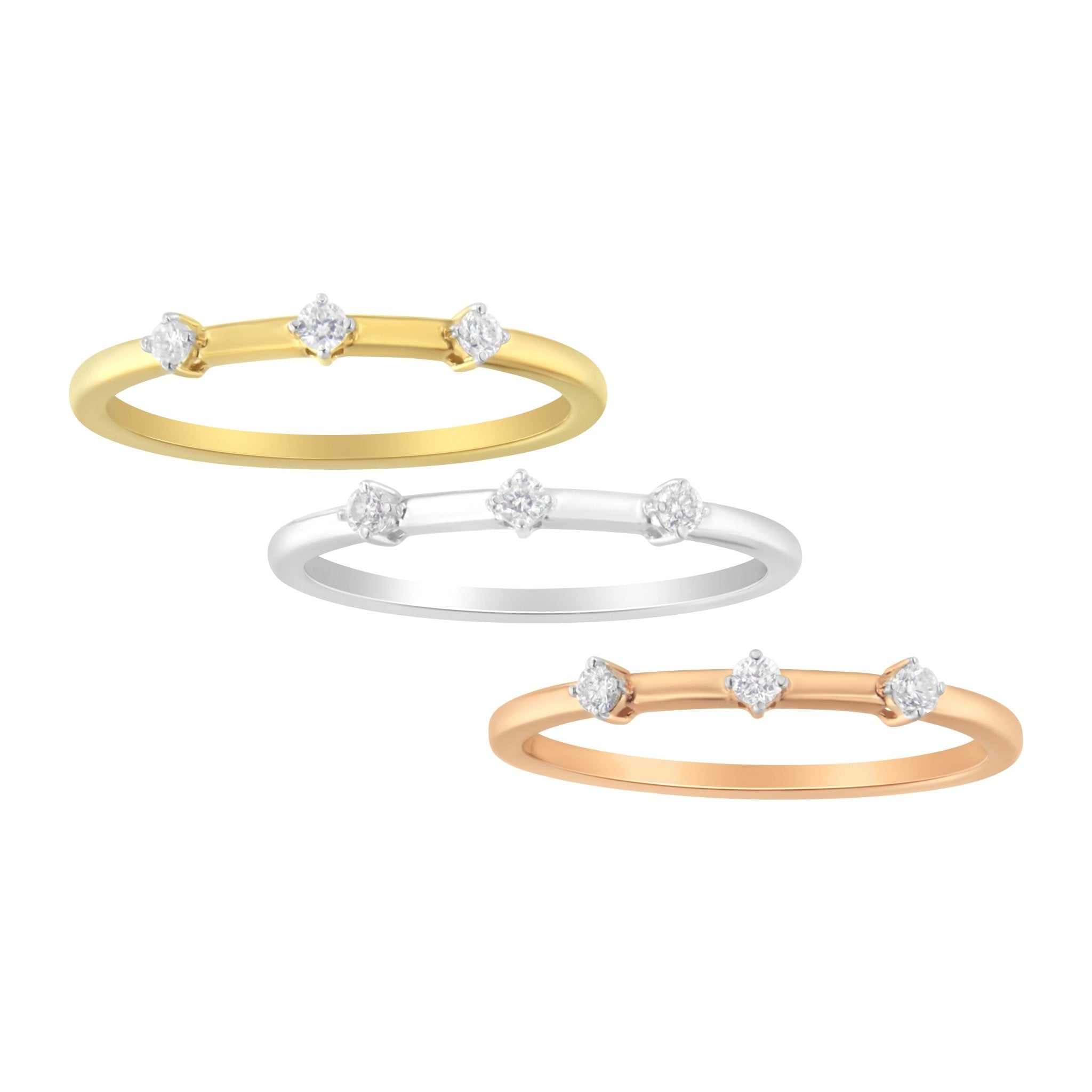 14kt Gold Plated Tri Tone .925 Sterling Silver 1/3 Cttw Prong - Set Round - Cut Diamond Three Piece Stackable Band Ring Set (I - J Color, I1 - I2 Clarity) - Tuesday Morning - Rings