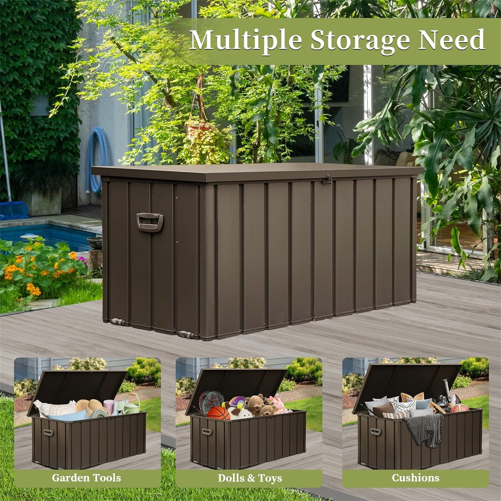 150 Gallon Outdoor Storage Deck Box Waterproof, Large Patio Storage Bin for Outside Cushions, Throw Pillows, Garden Tools, Lockable (Dark Brown) - Tuesday Morning - Outdoor Storage Boxes