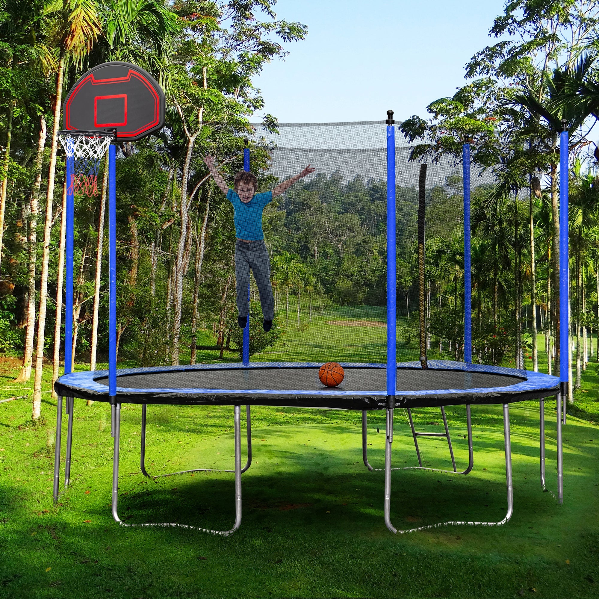 15FT Trampoline with Basketball Hoop Inflator and Ladder(Inner Safety Enclosure) Blue - Tuesday Morning - Swing Sets & Trampolines