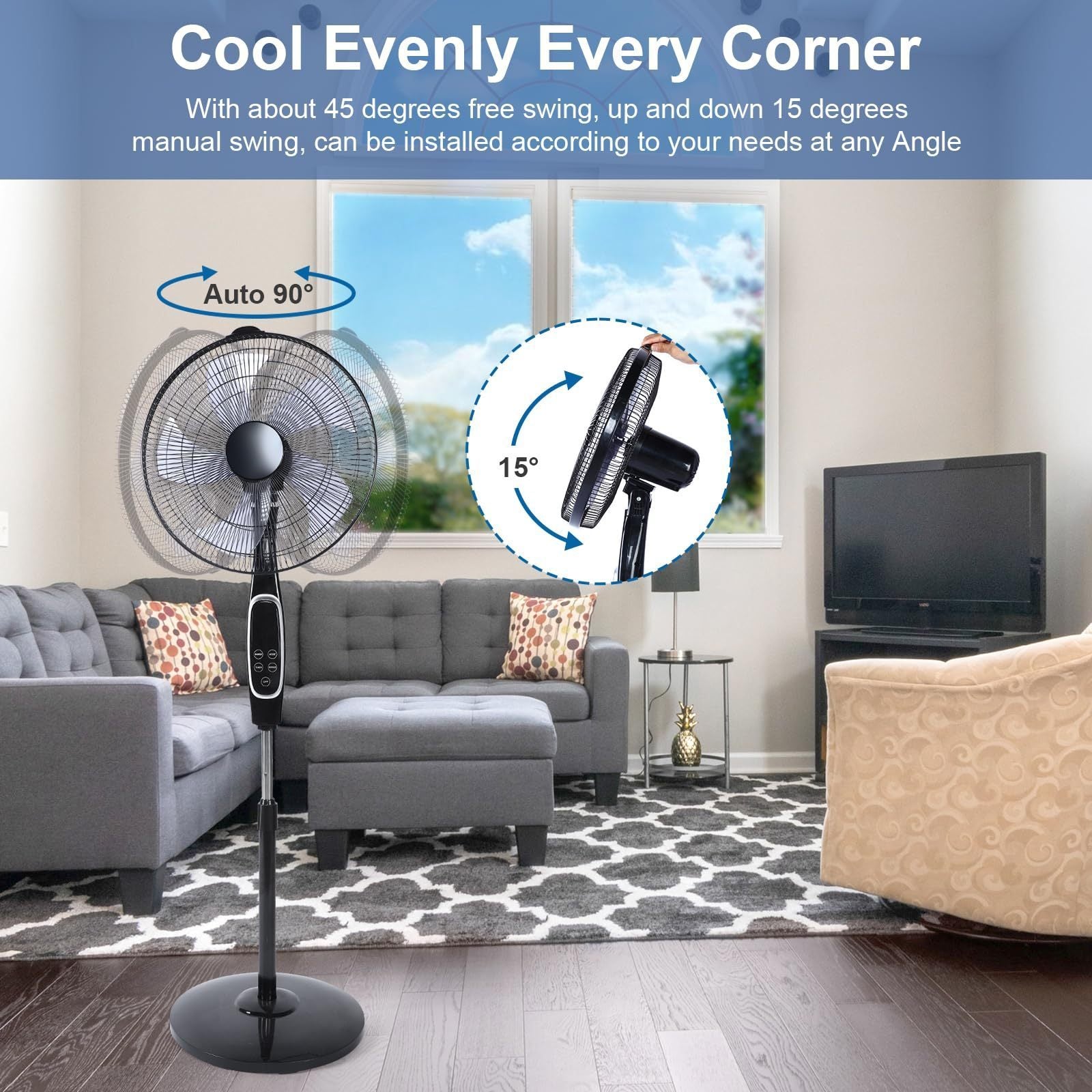 16 - Inch Stand Fan with Remote Control - Adjustable Height, 3 Speeds, 45 Degree Oscillation, and Timer - Tuesday Morning - Fan & Air Conditioners