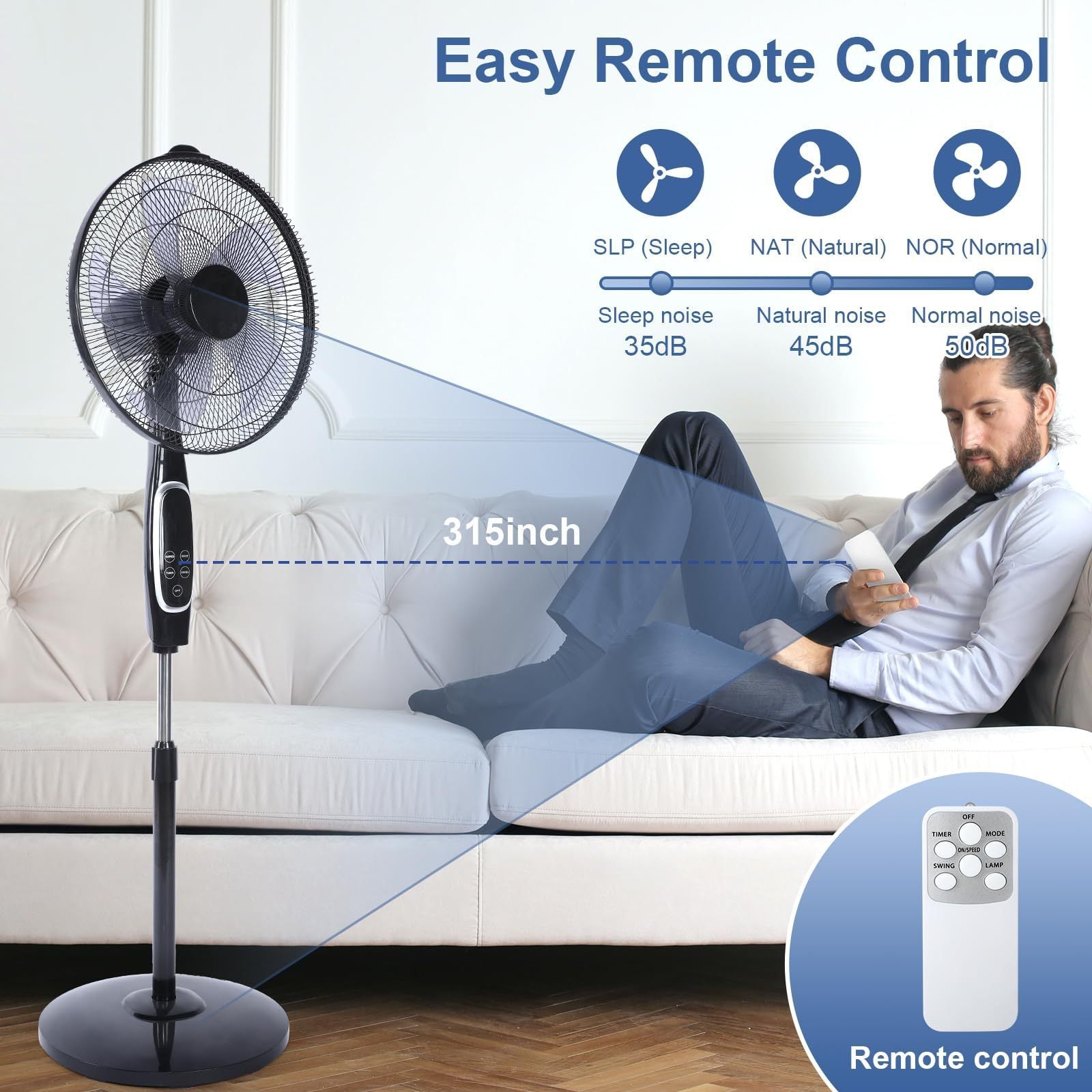 16 - Inch Stand Fan with Remote Control - Adjustable Height, 3 Speeds, 45 Degree Oscillation, and Timer - Tuesday Morning - Fan & Air Conditioners