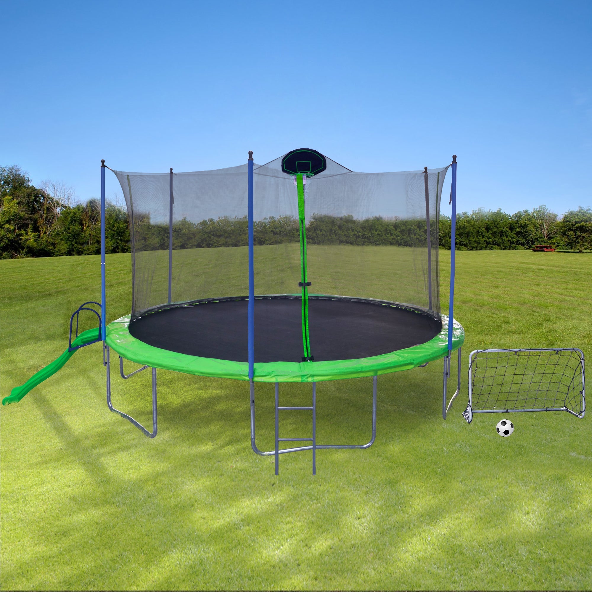 16FT Trampoline with Slide , Outdoor Trampoline for Kids and Adults with Enclosure Net and Ladder,football goal,backboard - Tuesday Morning - Swing Sets & Trampolines