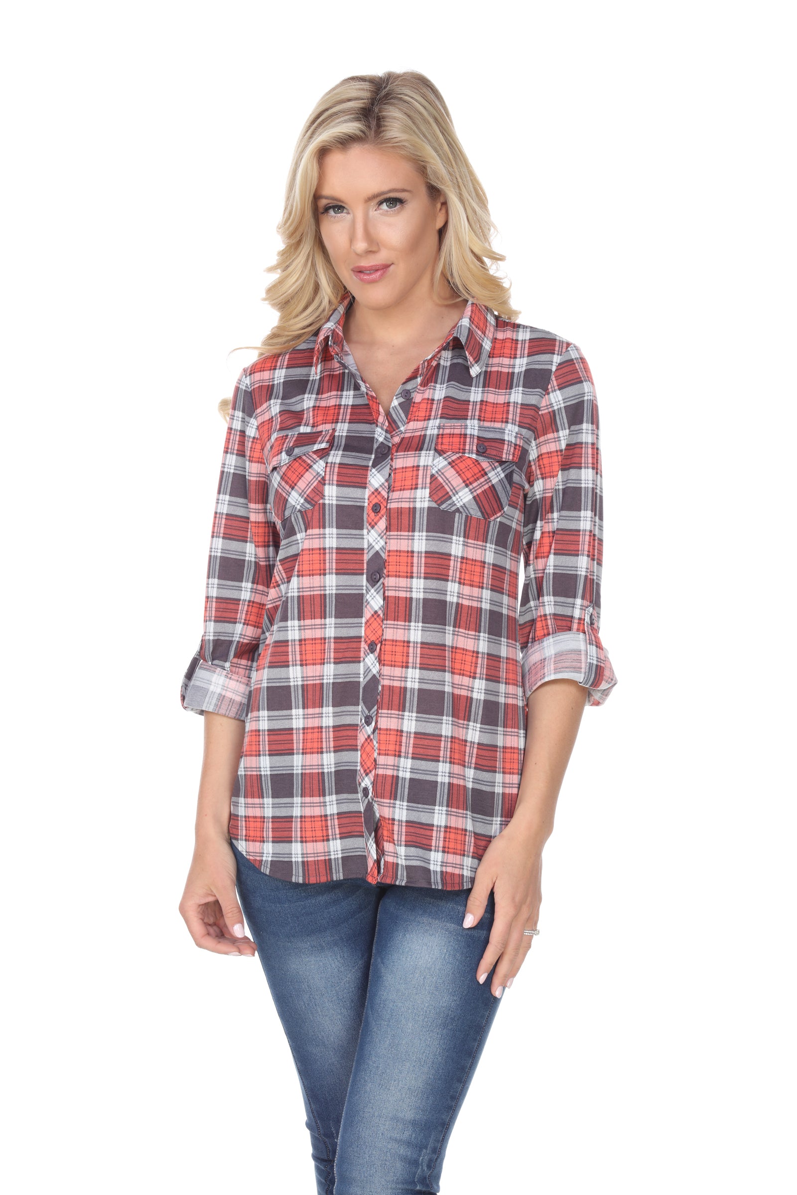 White Mark Women's Oakley Stretchy Plaid Top (9 Colors Available)