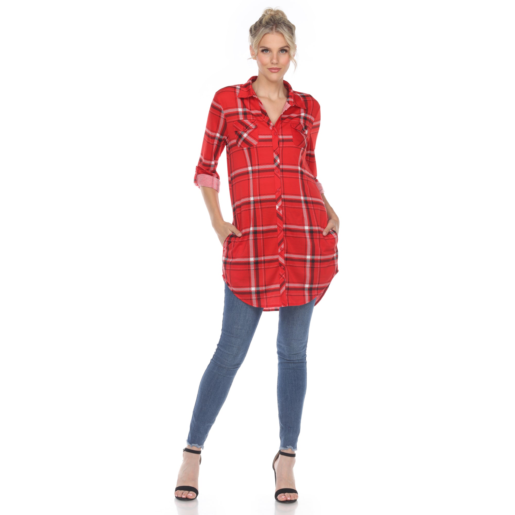 White Mark Women's Windowpane Plaid Tunic Shirt (6 Colors Available)