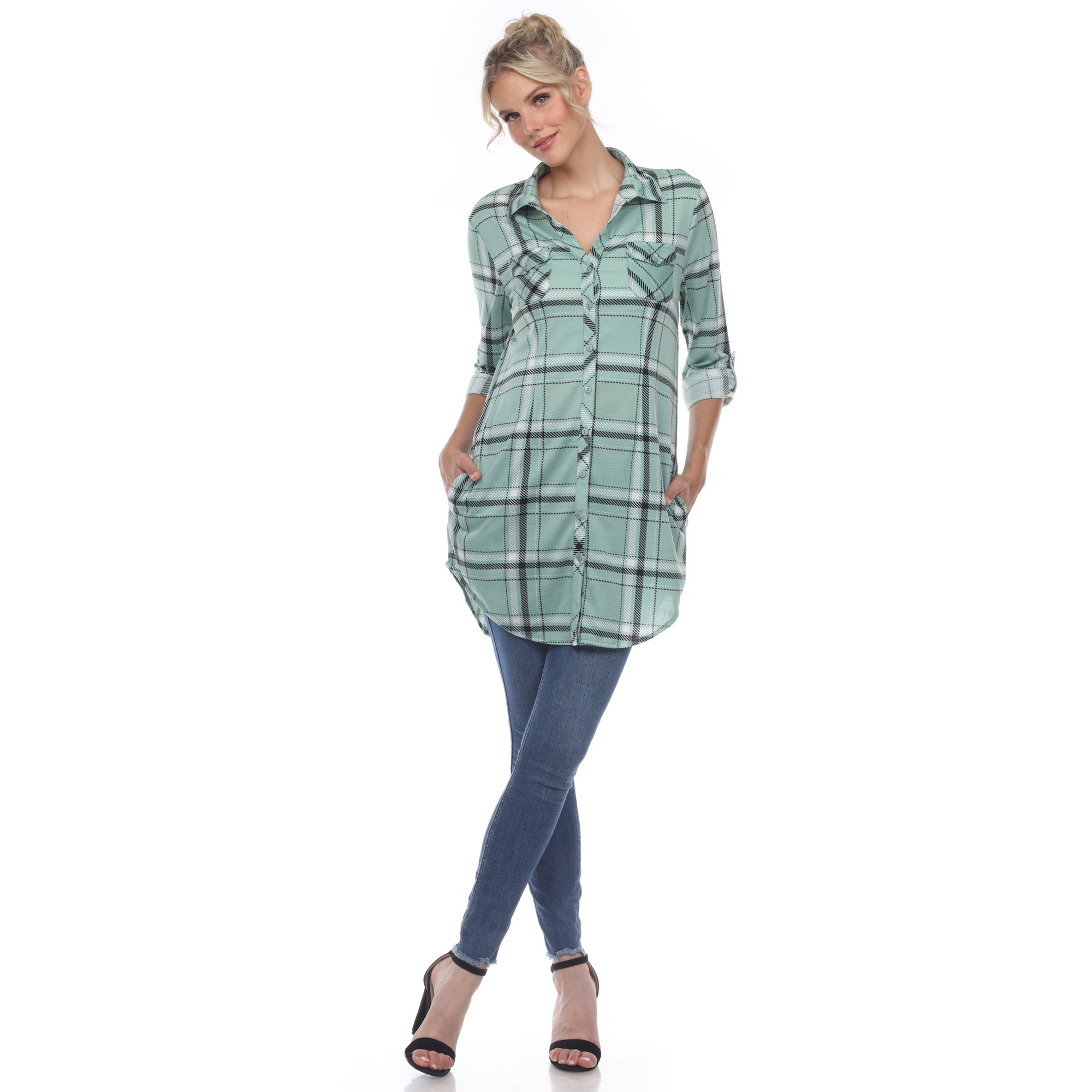 White Mark Women's Windowpane Plaid Tunic Shirt (6 Colors Available)