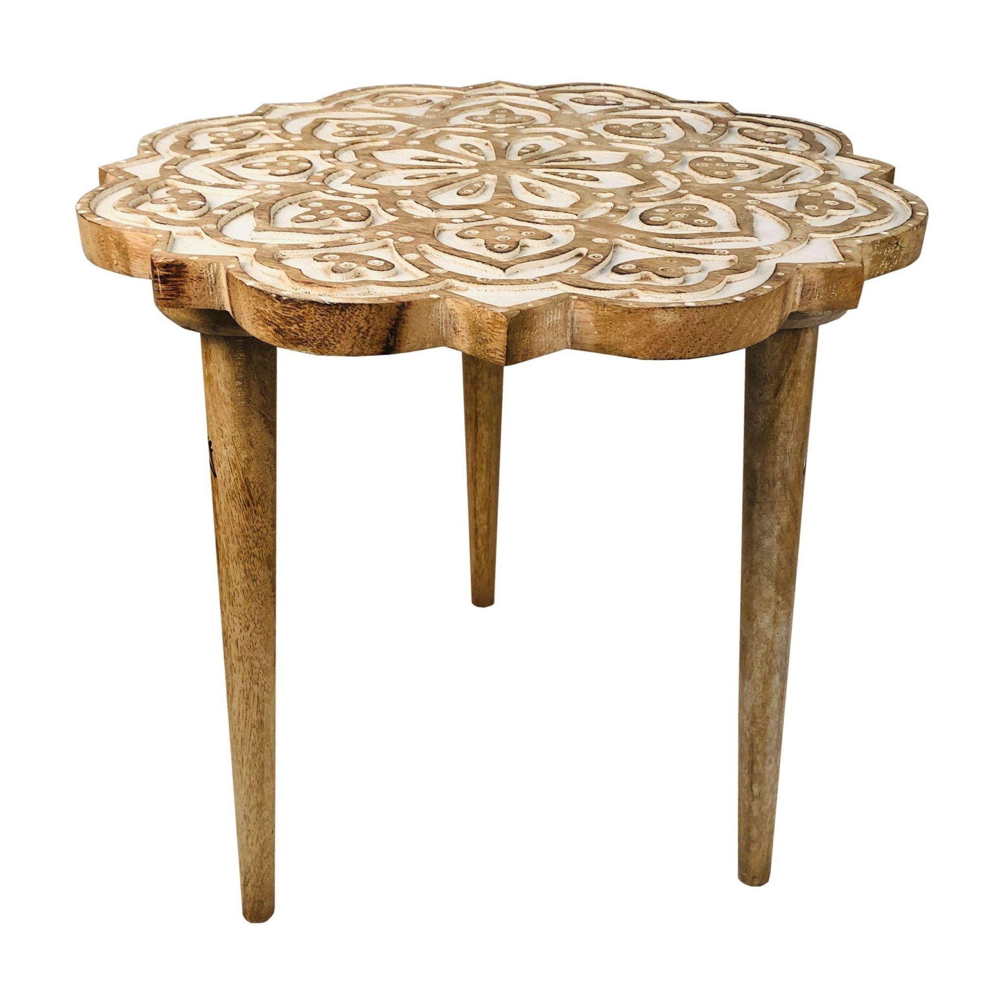 18 Inch Handcrafted Mango Wood Side End Table, Floral Carved Top, Tripod Base, Antique Brown, White - Tuesday Morning - Coffee & Accent Tables