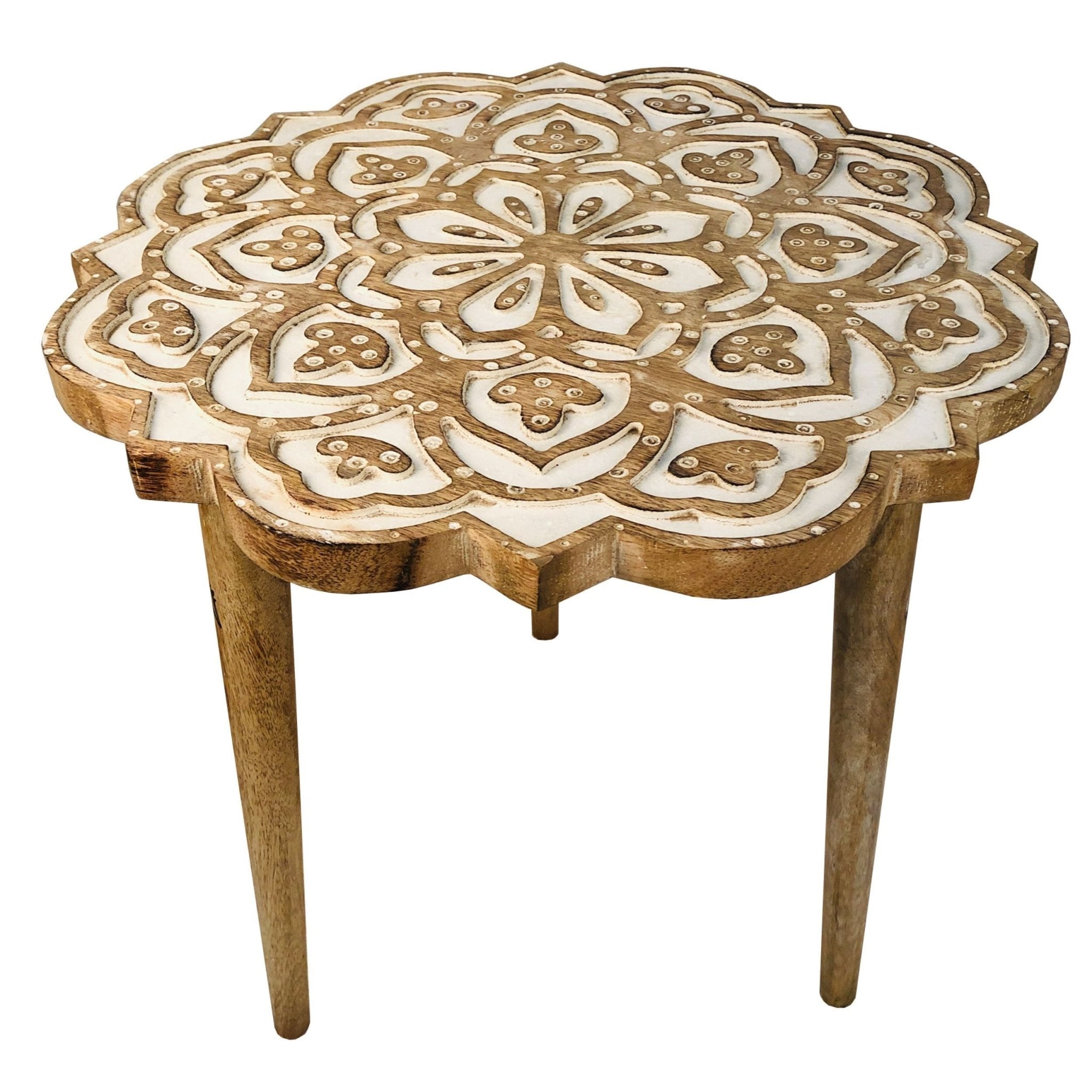 18 Inch Handcrafted Mango Wood Side End Table, Floral Carved Top, Tripod Base, Antique Brown, White - Tuesday Morning - Coffee & Accent Tables