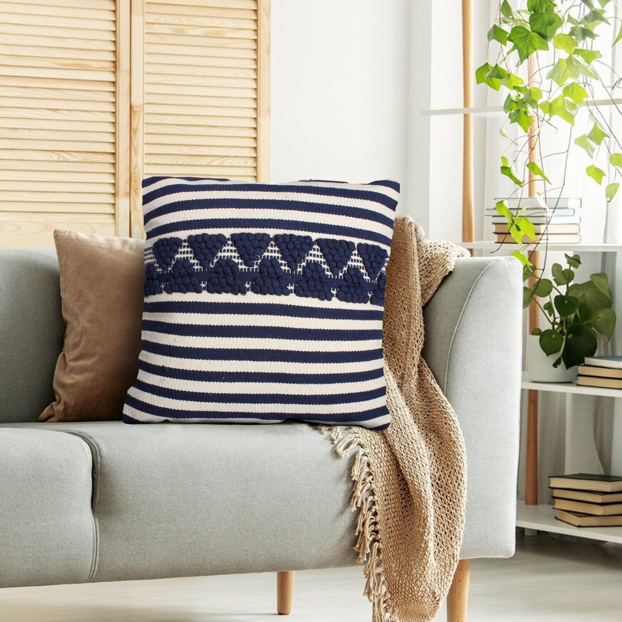 18 x 18 Handwoven Square Cotton Accent Throw Pillow, Classic Striped Pattern, Textured, White, Blue - Tuesday Morning - Throw Pillows