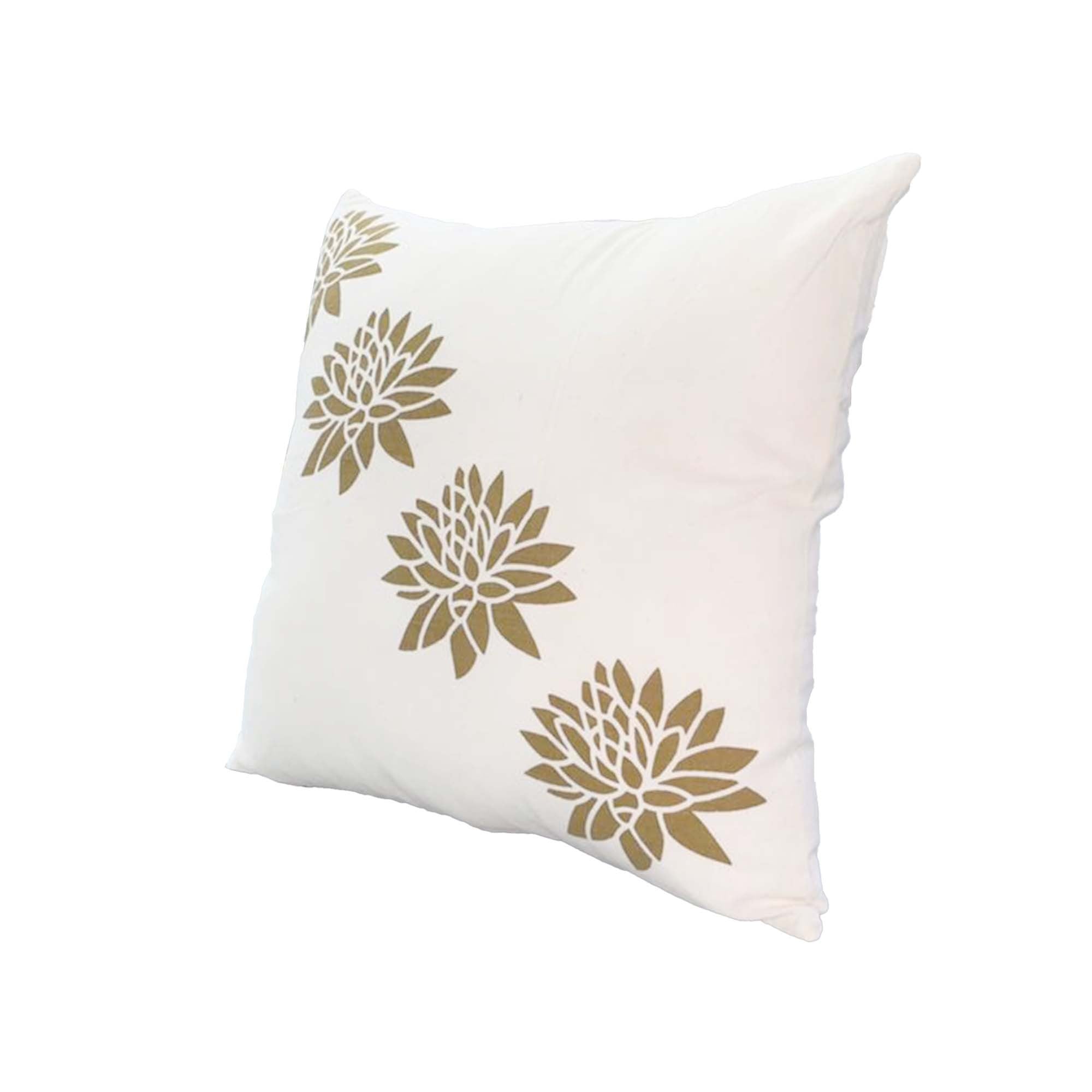 18 x 18 Square Accent Pillow, Soft Cotton Cover, Printed Lotus Flower, Polyester Filler, Gold, White - Tuesday Morning - Throw Pillows