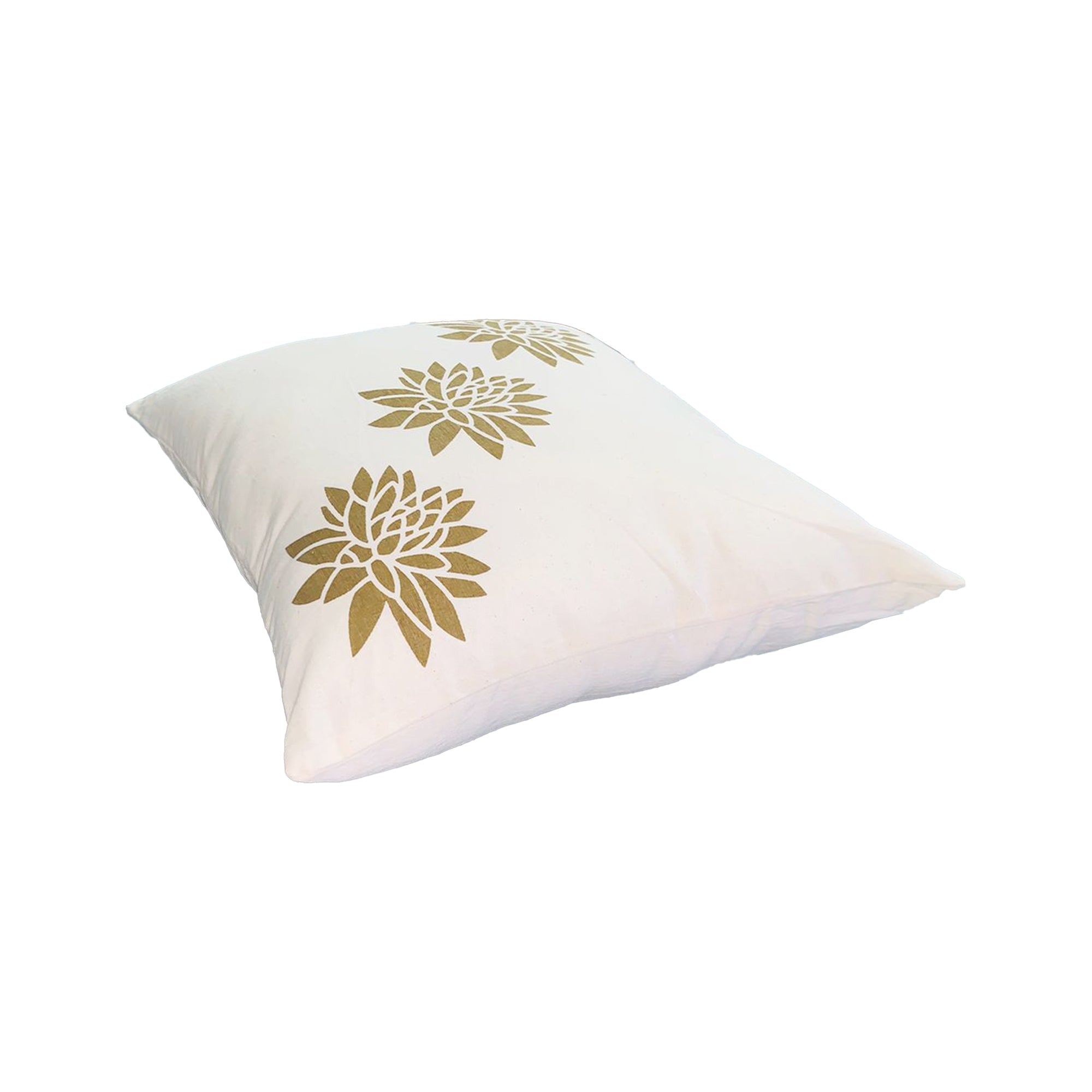 18 x 18 Square Accent Pillow, Soft Cotton Cover, Printed Lotus Flower, Polyester Filler, Gold, White - Tuesday Morning - Throw Pillows