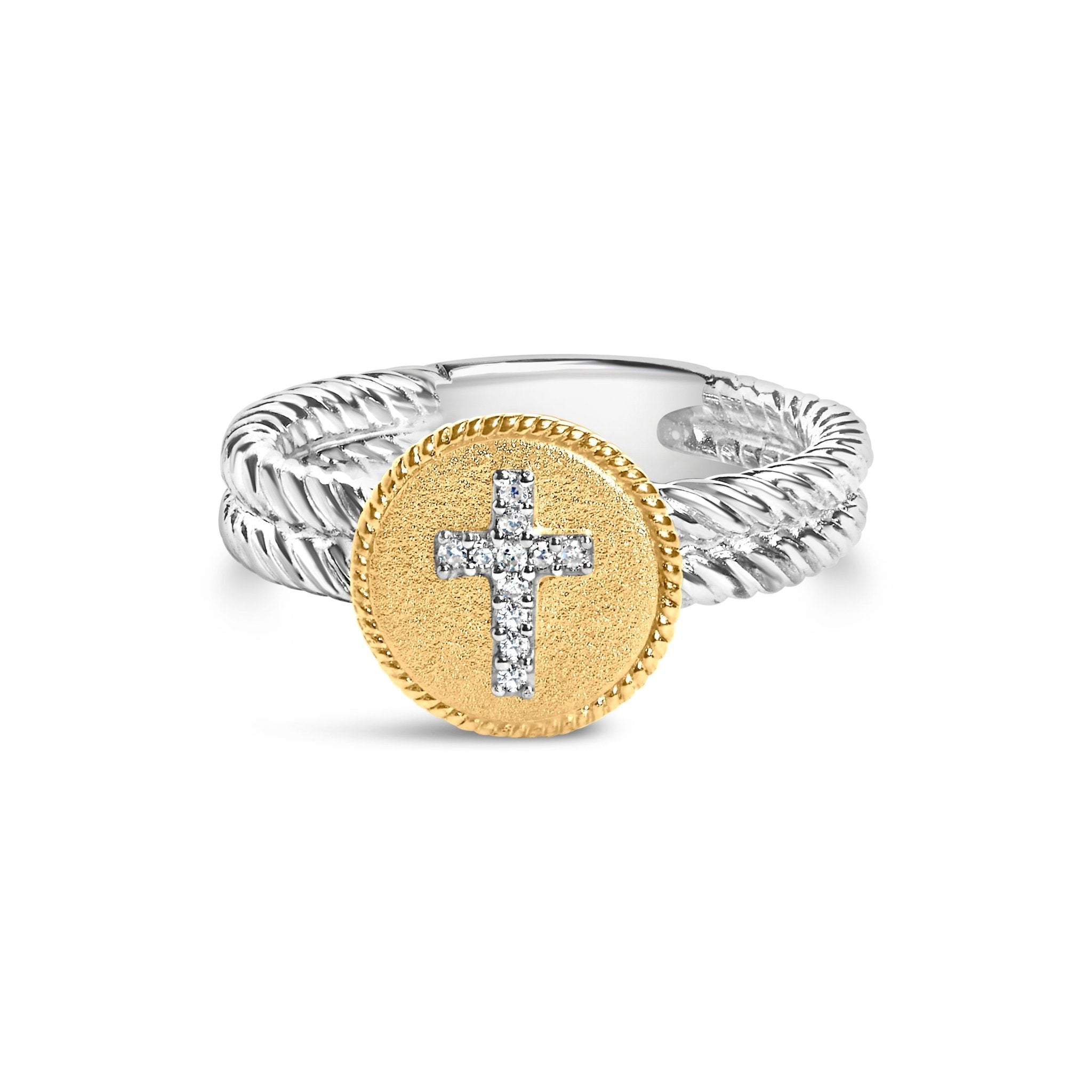 18K Yellow Gold Plated .925 Sterling Silver Diamond Cross Ring with Satin Finish (I - J Color, SI1 - SI2 Clarity) - Tuesday Morning - Rings