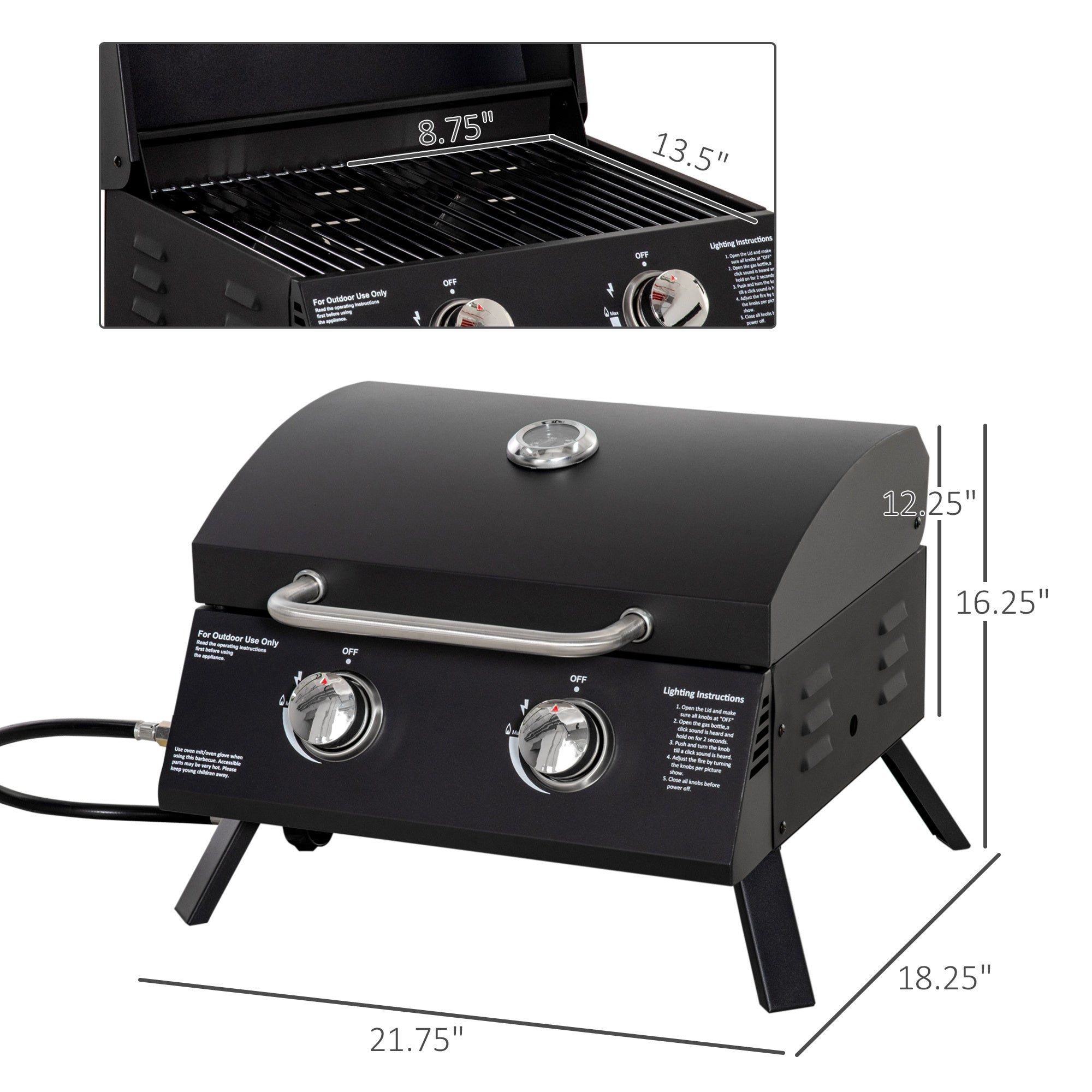 2 Burner Propane Gas Grill Outdoor Portable Tabletop BBQ with Foldable Legs, Black - Tuesday Morning - Fire Pits