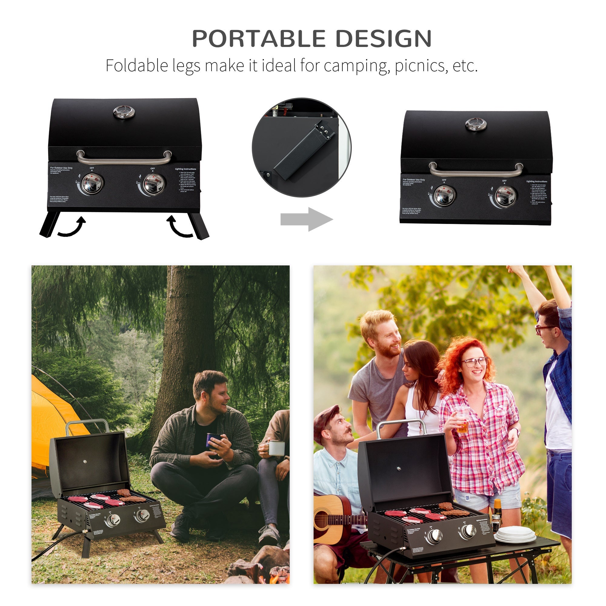 2 Burner Propane Gas Grill Outdoor Portable Tabletop BBQ with Foldable Legs, Black - Tuesday Morning - Fire Pits