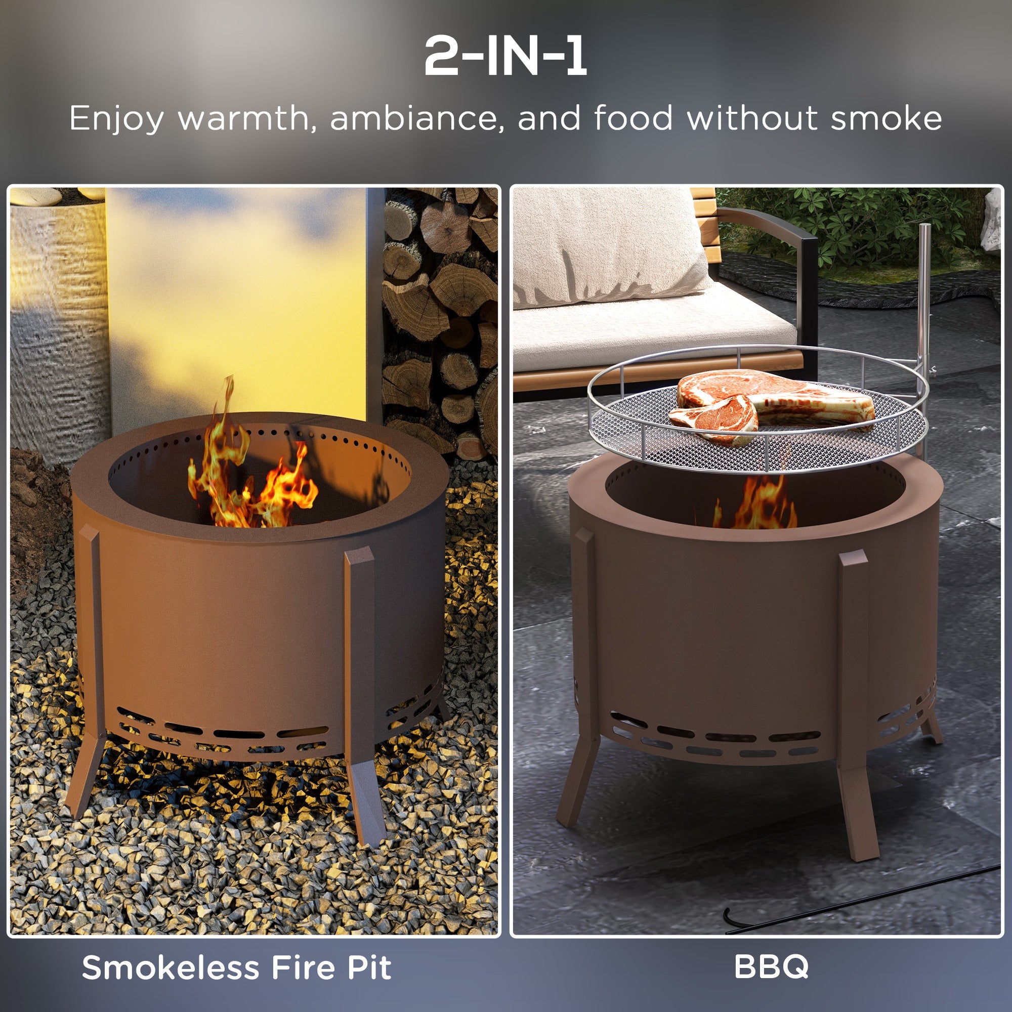 2 - in - 1 Smokeless Fire Pit, BBQ Grill, 19 Portable Wood Burning Firepit with Cooking Grate and Poker, - Tuesday Morning - Grills