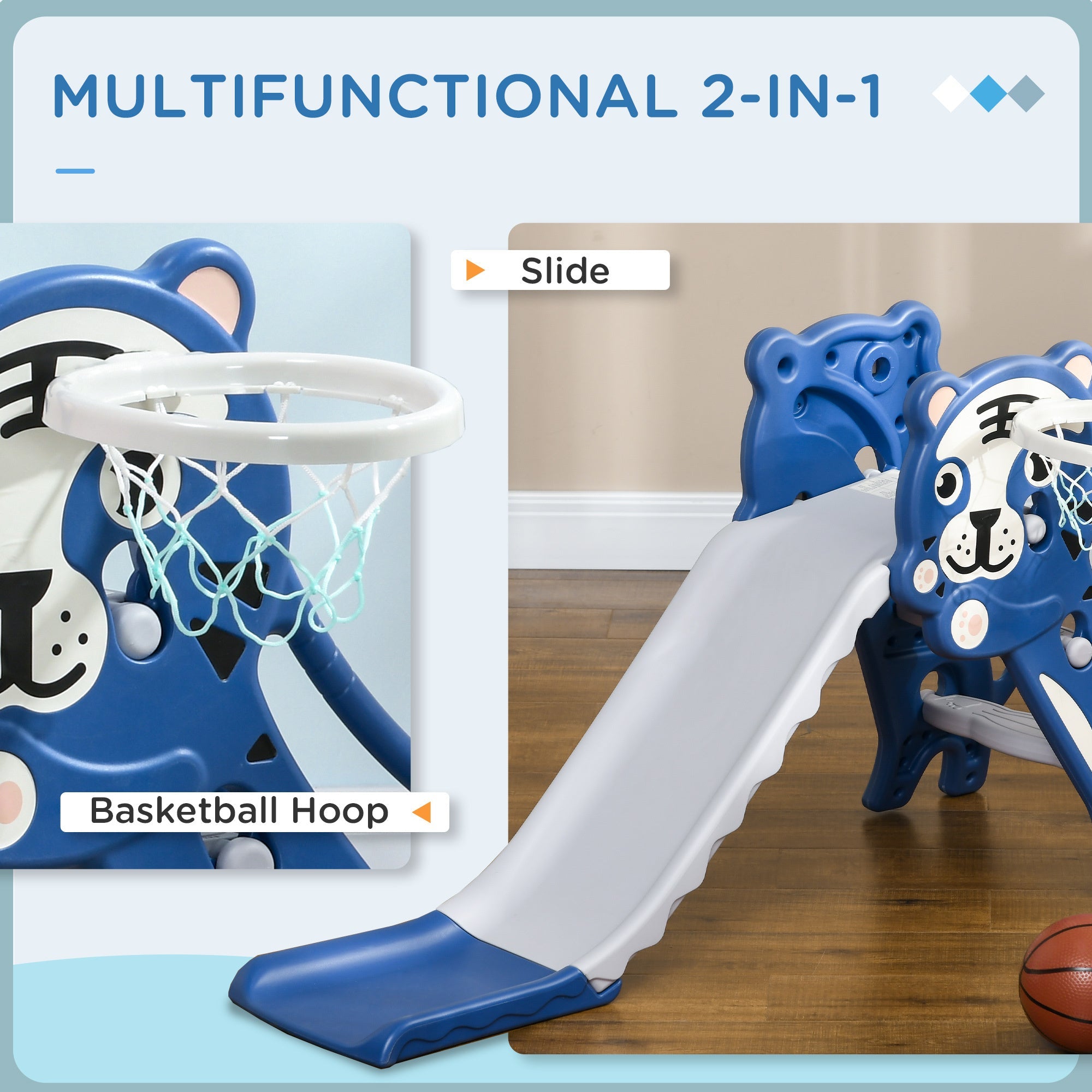 2 in 1 Toddler Slide for Indoors, Toy for Toddler, Easy Set Up Baby Slide with Basketball Hoop for Kids 18 - 36 Months, Blue - Tuesday Morning - Toys & Games