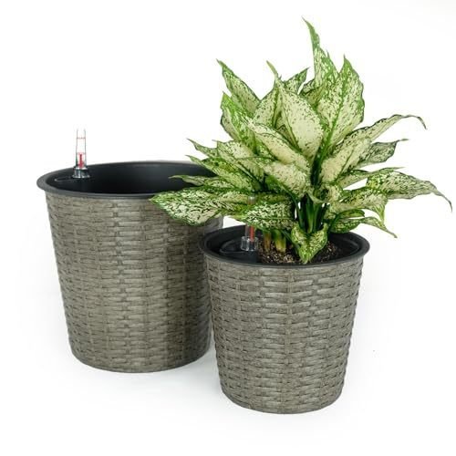 2 - Pack Self - watering Wicker Decor Planter for Indoor and Outdoor - Round - Grey - Tuesday Morning - Pots & Planters