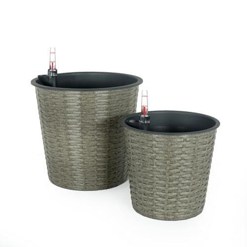 2 - Pack Self - watering Wicker Decor Planter for Indoor and Outdoor - Round - Grey - Tuesday Morning - Pots & Planters