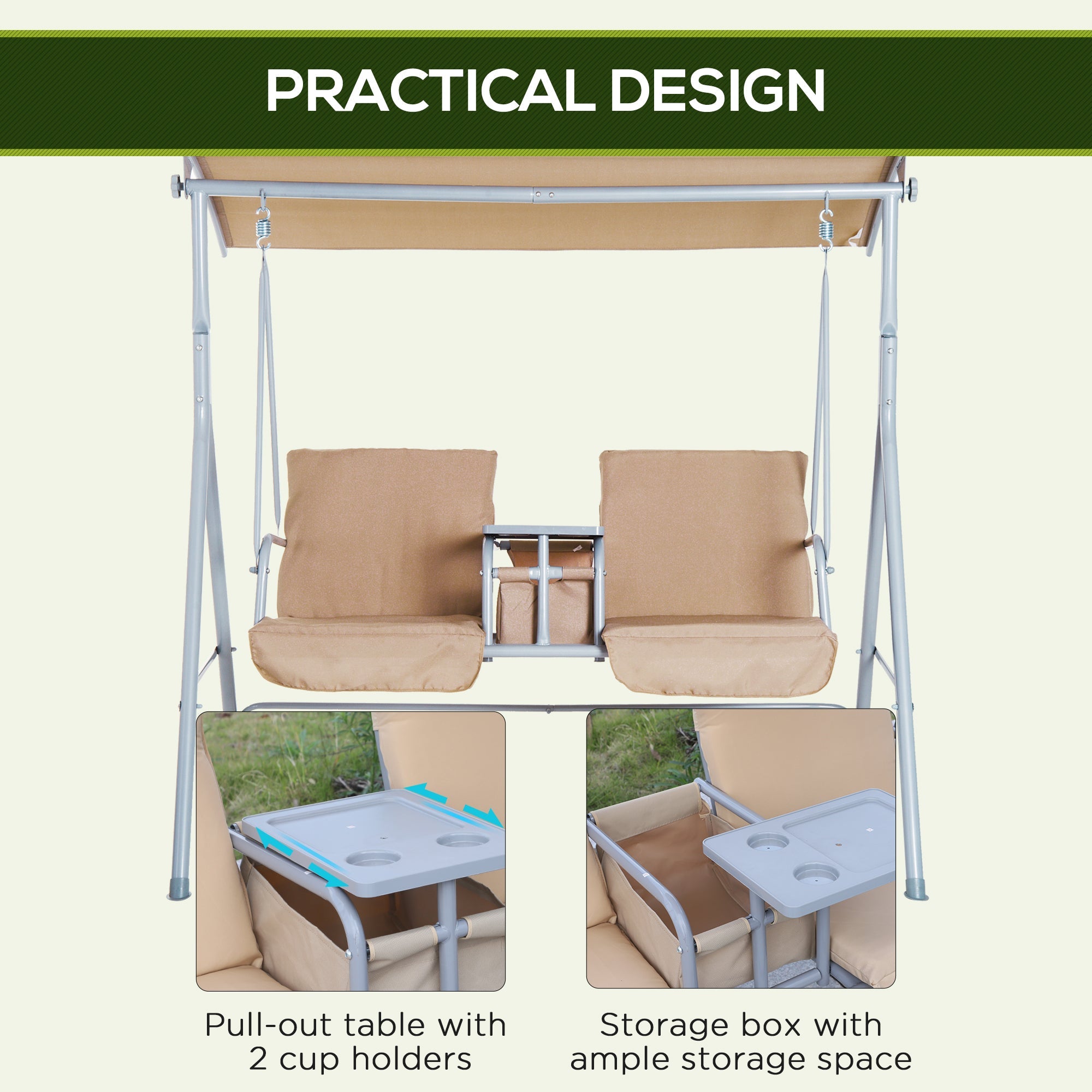 2 Person Porch Swing with Stand, Outdoor Swing with Canopy, Pivot Storage Table, 2 Cup Holders, Cushions for Patio, Backyard, Beige - Tuesday Morning - Hammocks & Swings