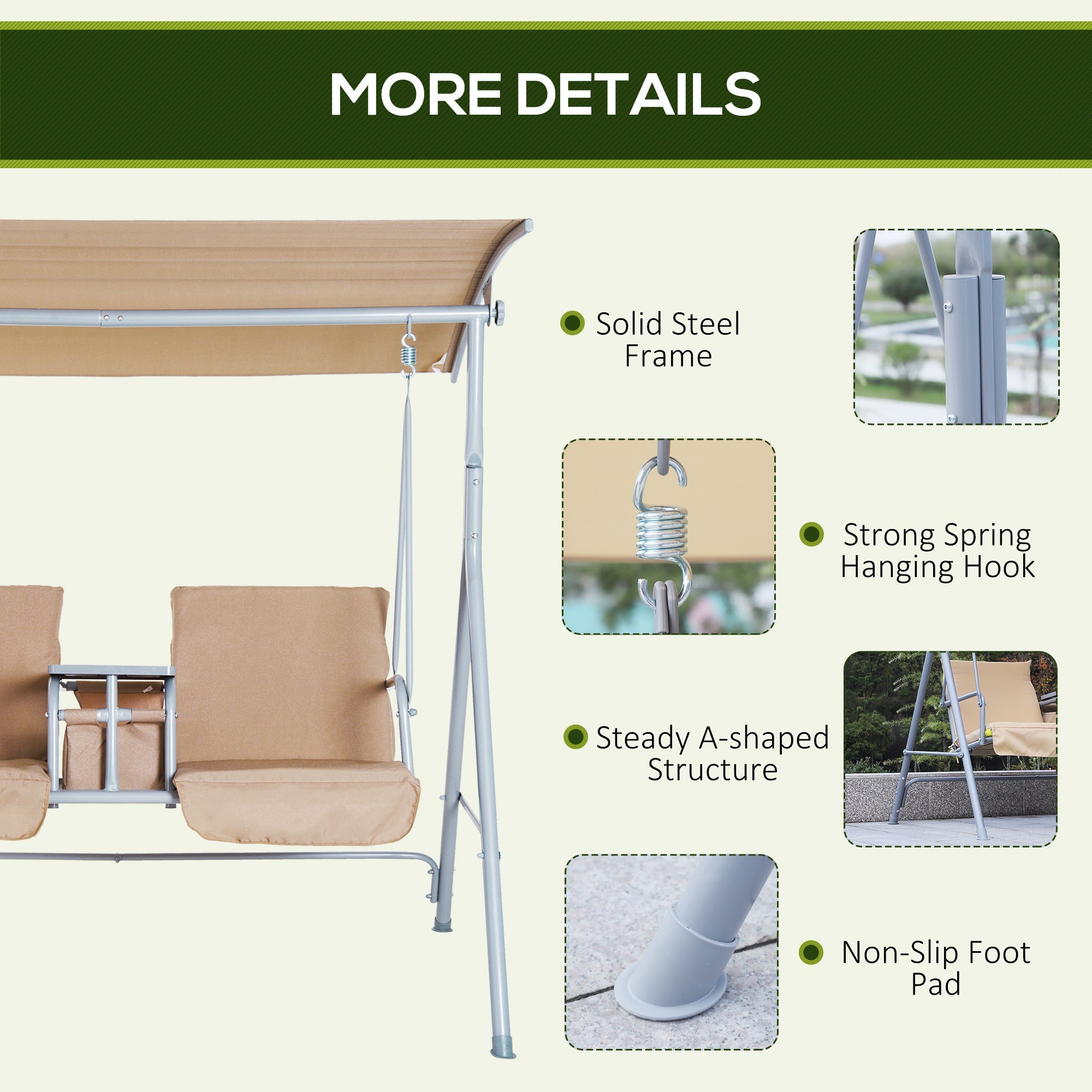 2 Person Porch Swing with Stand, Outdoor Swing with Canopy, Pivot Storage Table, 2 Cup Holders, Cushions for Patio, Backyard, Beige - Tuesday Morning - Hammocks & Swings