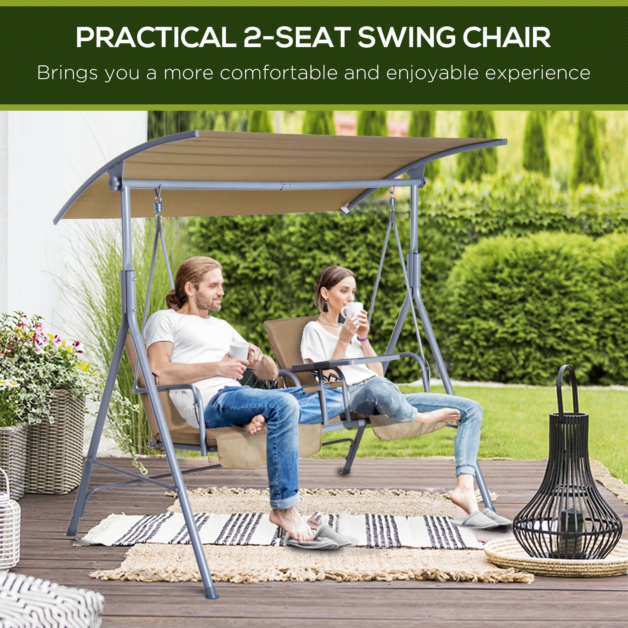 2 Person Porch Swing with Stand, Outdoor Swing with Canopy, Pivot Storage Table, 2 Cup Holders, Cushions for Patio, Backyard, Beige - Tuesday Morning - Hammocks & Swings