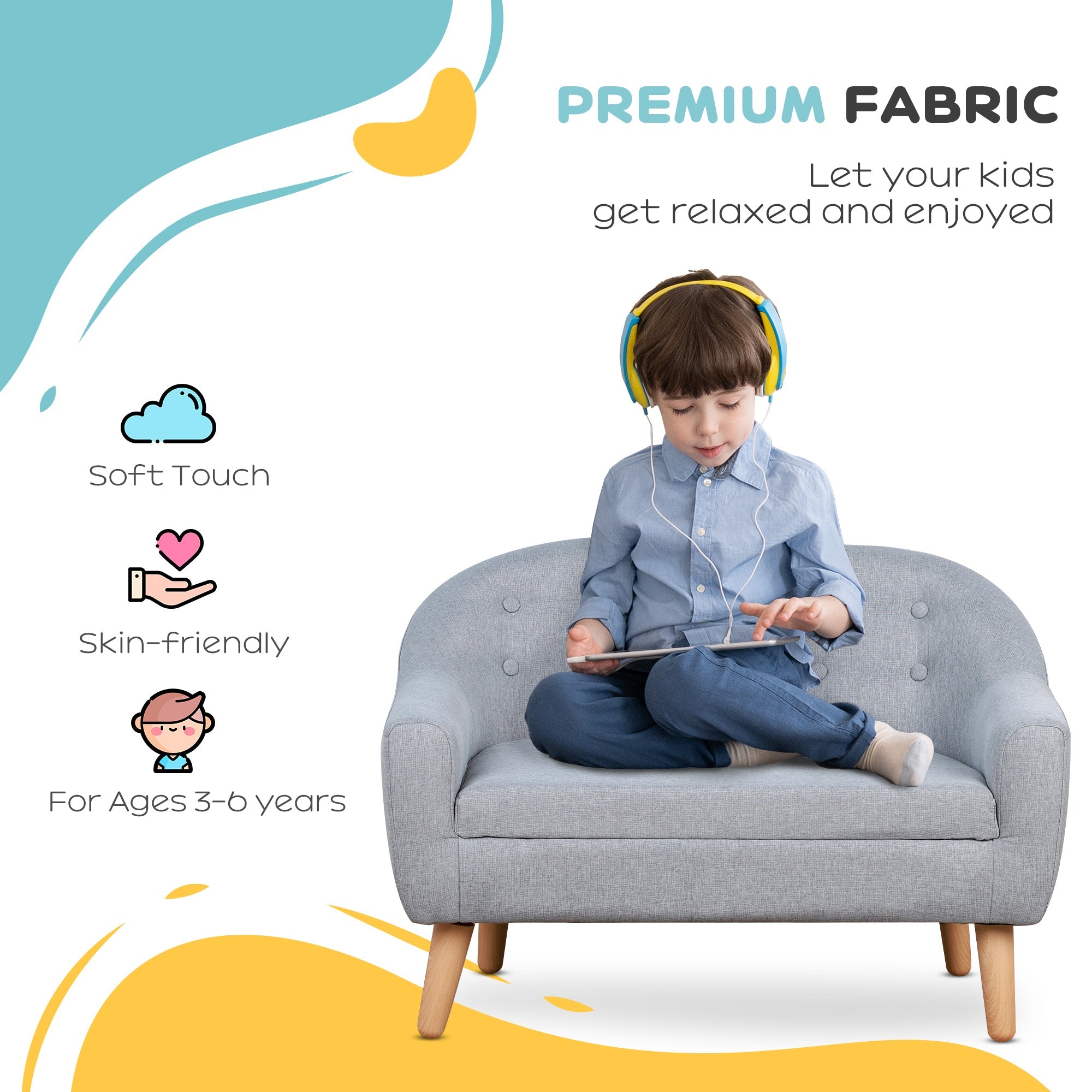 2 - Seat Kids Sofa Linen Fabric and Wooden Frame Sofa for Kids and Toddlers Ages 3 - 7, 11