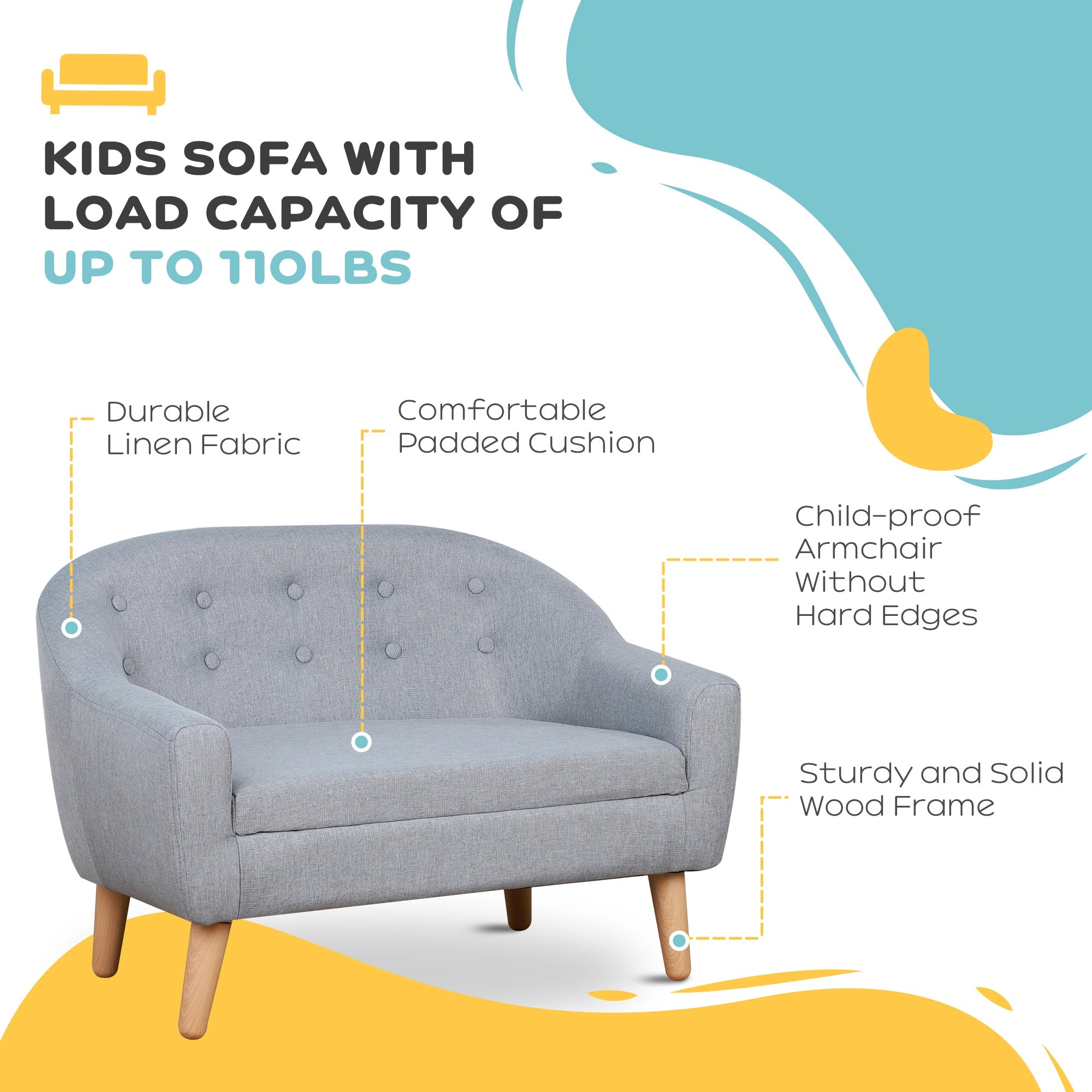 2 - Seat Kids Sofa Linen Fabric and Wooden Frame Sofa for Kids and Toddlers Ages 3 - 7, 11