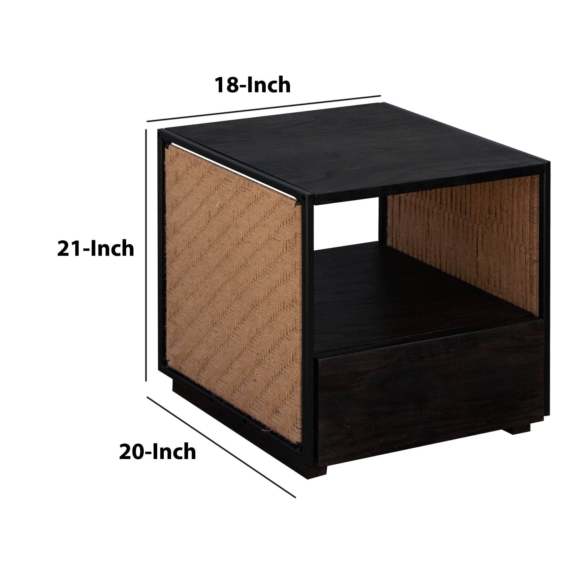 21 Inch Handcrafted Acacia Wood Side Table Nightstand, Woven Jute Side Panels, Brown, Black - Tuesday Morning - Nightstands