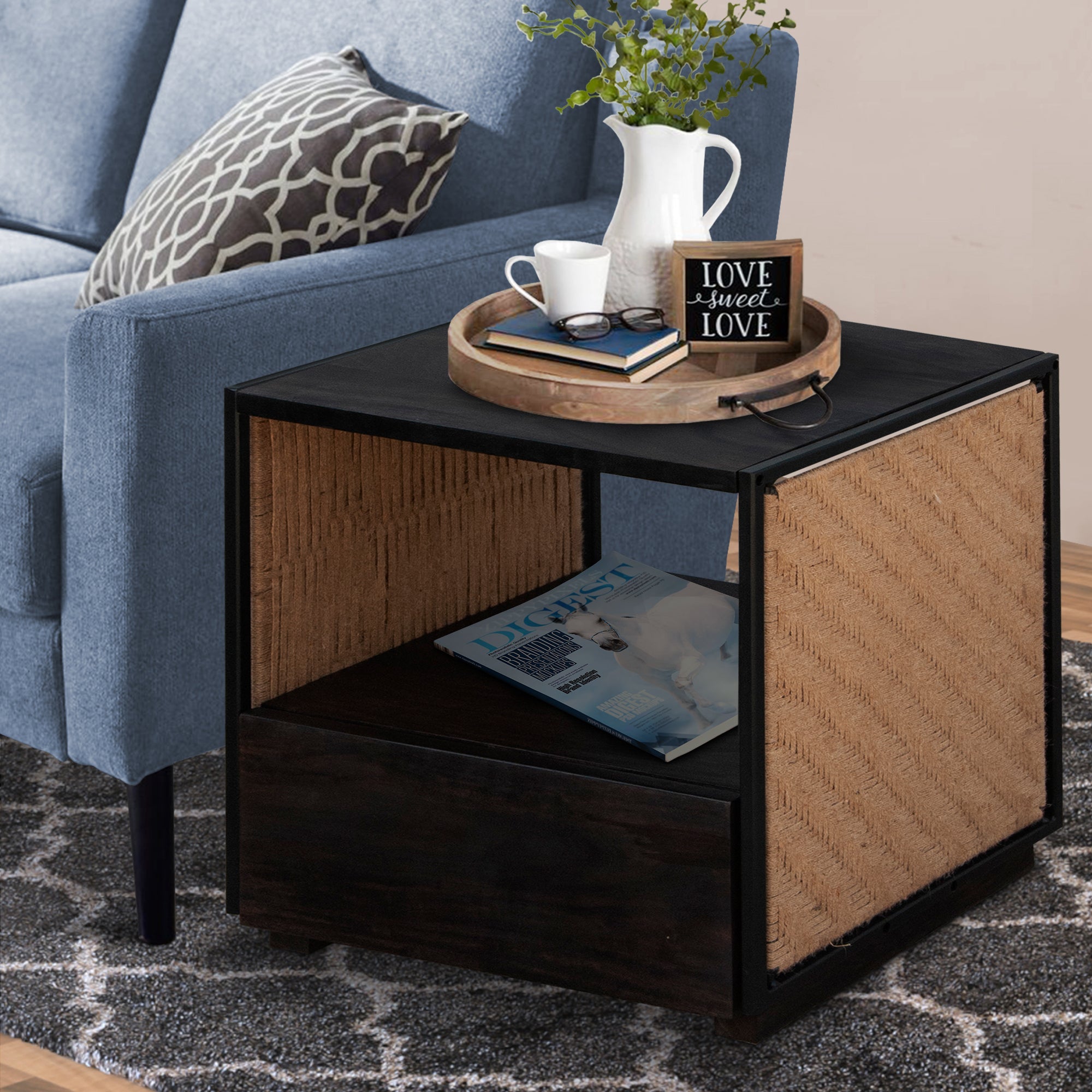 21 Inch Handcrafted Acacia Wood Side Table Nightstand, Woven Jute Side Panels, Brown, Black - Tuesday Morning - Nightstands