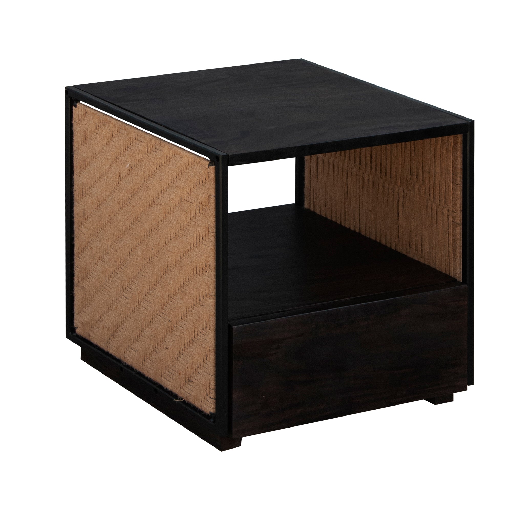 21 Inch Handcrafted Acacia Wood Side Table Nightstand, Woven Jute Side Panels, Brown, Black - Tuesday Morning - Nightstands