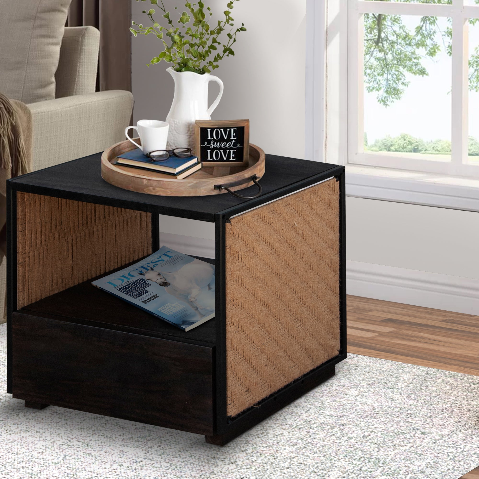 21 Inch Handcrafted Acacia Wood Side Table Nightstand, Woven Jute Side Panels, Brown, Black - Tuesday Morning - Nightstands