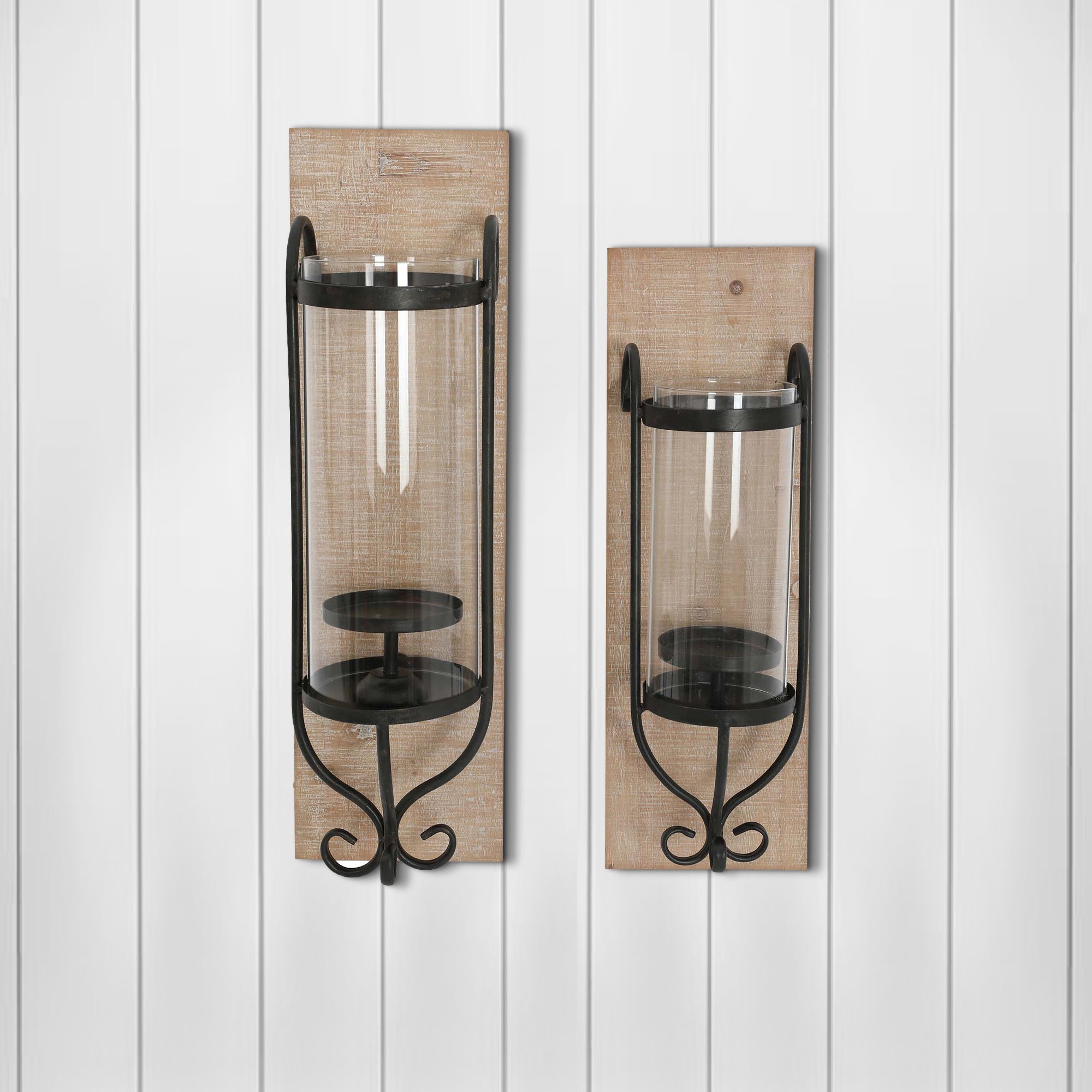 21 Inch Industrial Wall Mount Wood Candle Holder With Glass Hurrican, Set of 2, Black - Tuesday Morning - Candle Holders