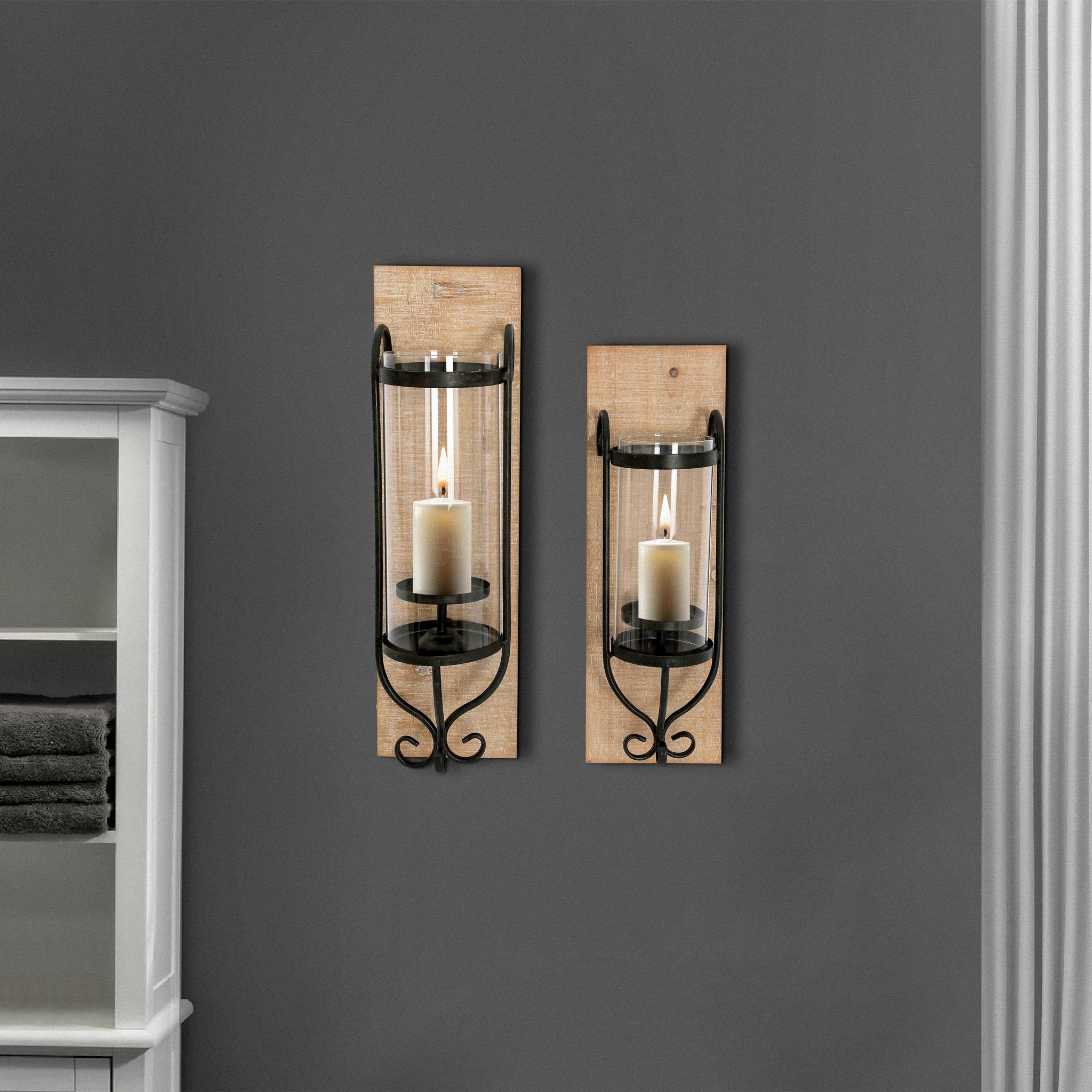 21 Inch Industrial Wall Mount Wood Candle Holder With Glass Hurrican, Set of 2, Black - Tuesday Morning - Candle Holders