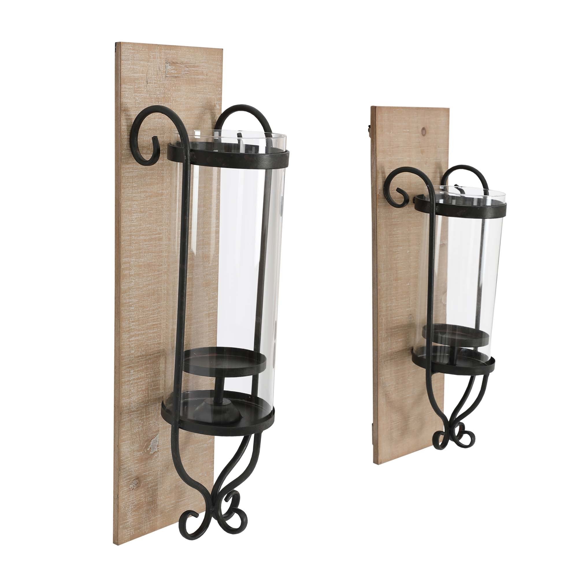 21 Inch Industrial Wall Mount Wood Candle Holder With Glass Hurrican, Set of 2, Black - Tuesday Morning - Candle Holders