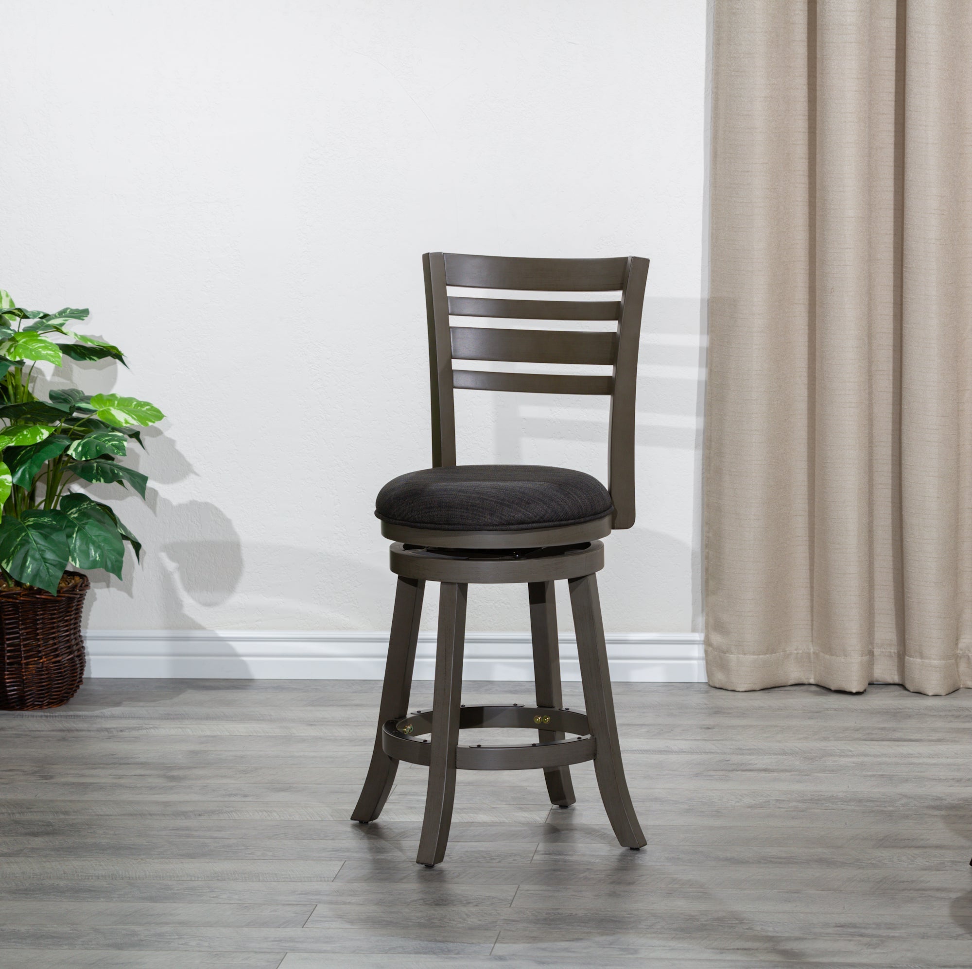 24 Counter Height Slat Back Swivel Stool, Weathered Gray Finish, Charcoal Fabric Seat - Tuesday Morning - Table & Bar Stools