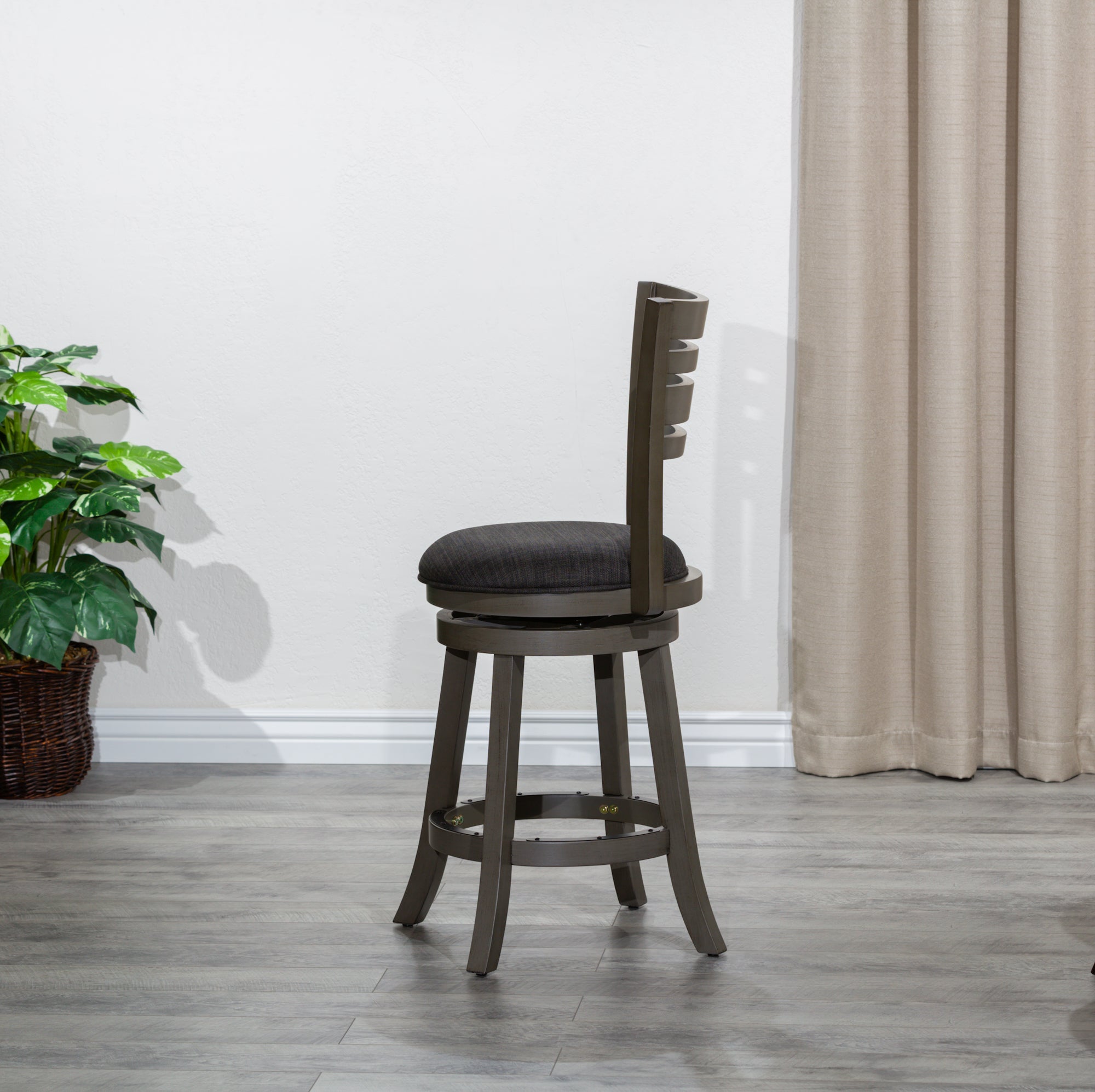 24 Counter Height Slat Back Swivel Stool, Weathered Gray Finish, Charcoal Fabric Seat - Tuesday Morning - Table & Bar Stools